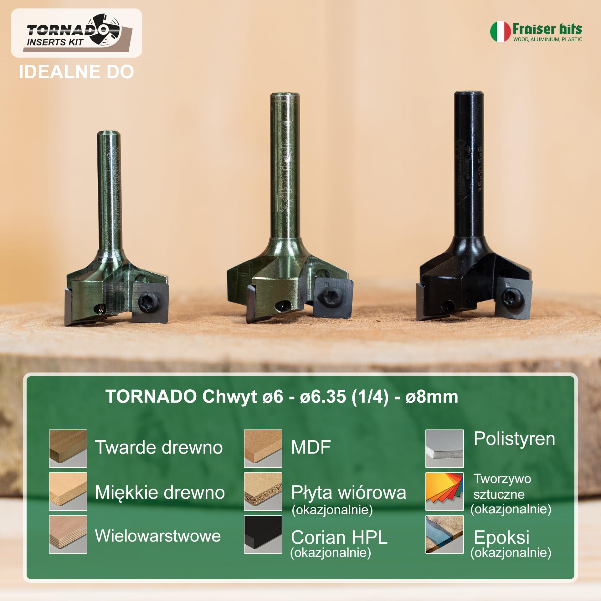 Fraiser Tornado i Tornado Sniper zestaw do wymiany z 10 nożami / wkładkami z węglika spiekanego 10,5 mm, 3 śruby, klucz Torx T15 i Bittop - do frezu do frezowania trzpienia 8 mm i 6,35 mm
