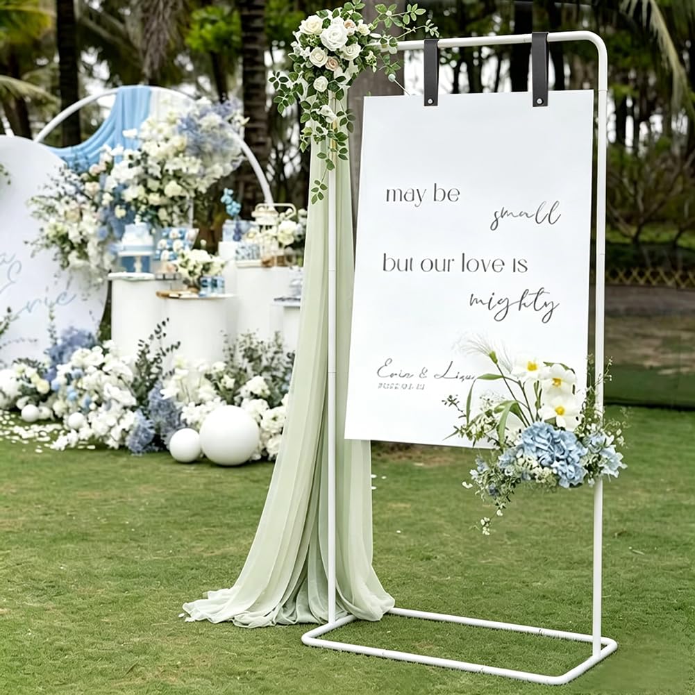 173x80cm Willkommensschild Hochzeit, Hochzeitsschild-Halter mit 4 Lederriemen, Hochzeitsbogen Posterhalter Hintergrundständer für Hochzeitsschilder, Werbung Schildhalter, Ballonbogen (Weiß)