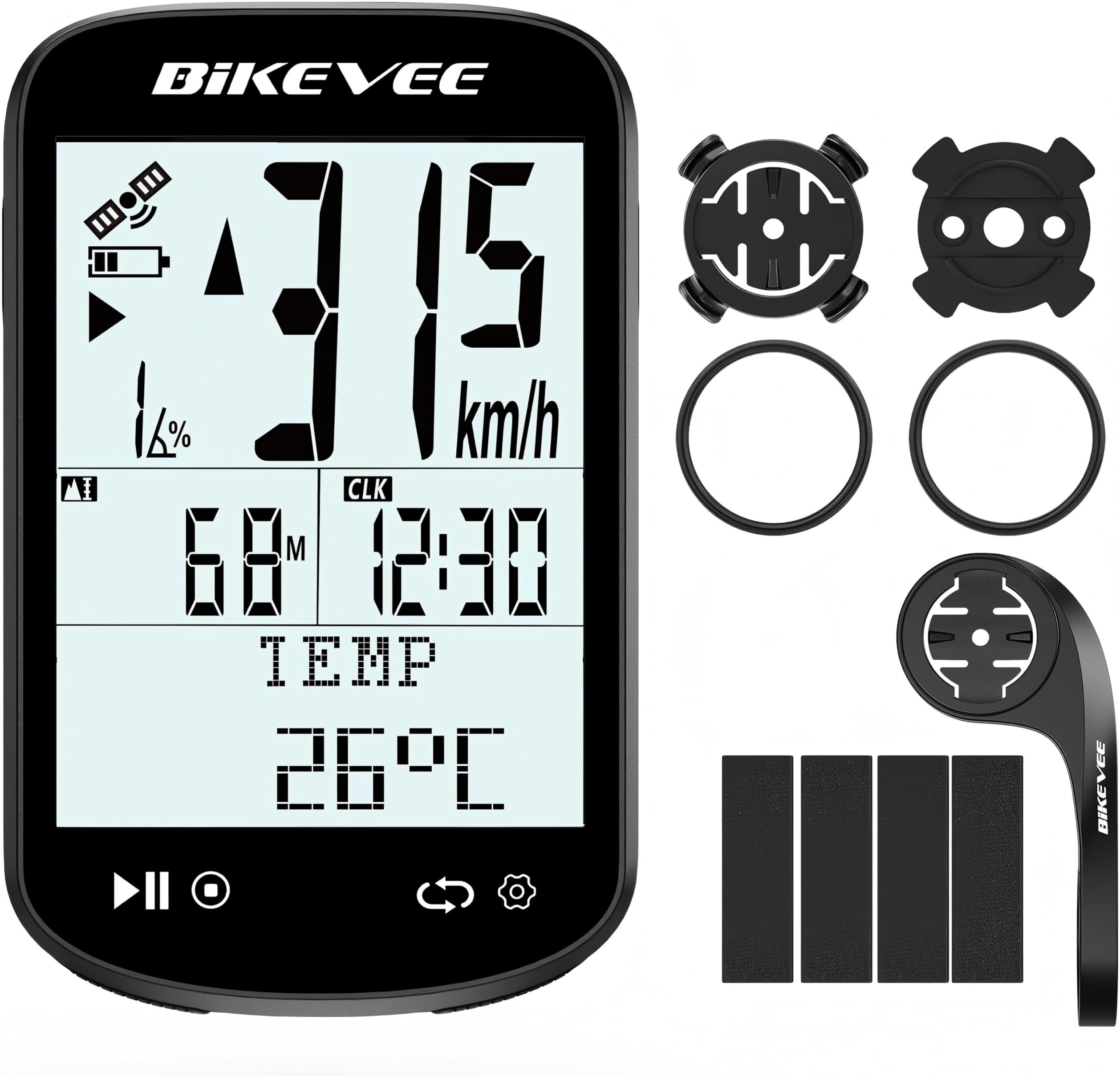 Bikevee Wireless GPS Bike Computer Bluetooth ANT+ 2.6" Display Altitude Speed Distance Trip Time Total Distance Backlight IPX7 Waterproof Cycling Computer for Road MTB Bikes - Out Front Extended Mount