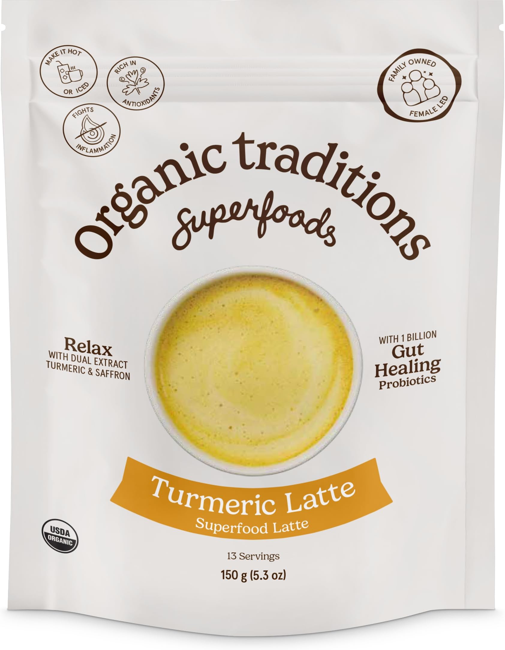 Organic Traditions Turmeric Latte with Saffron & Probiotics | 150g (5.3oz) | 13 Servings | Instant Dual Extract Turmeric, Ginger & Black Pepper