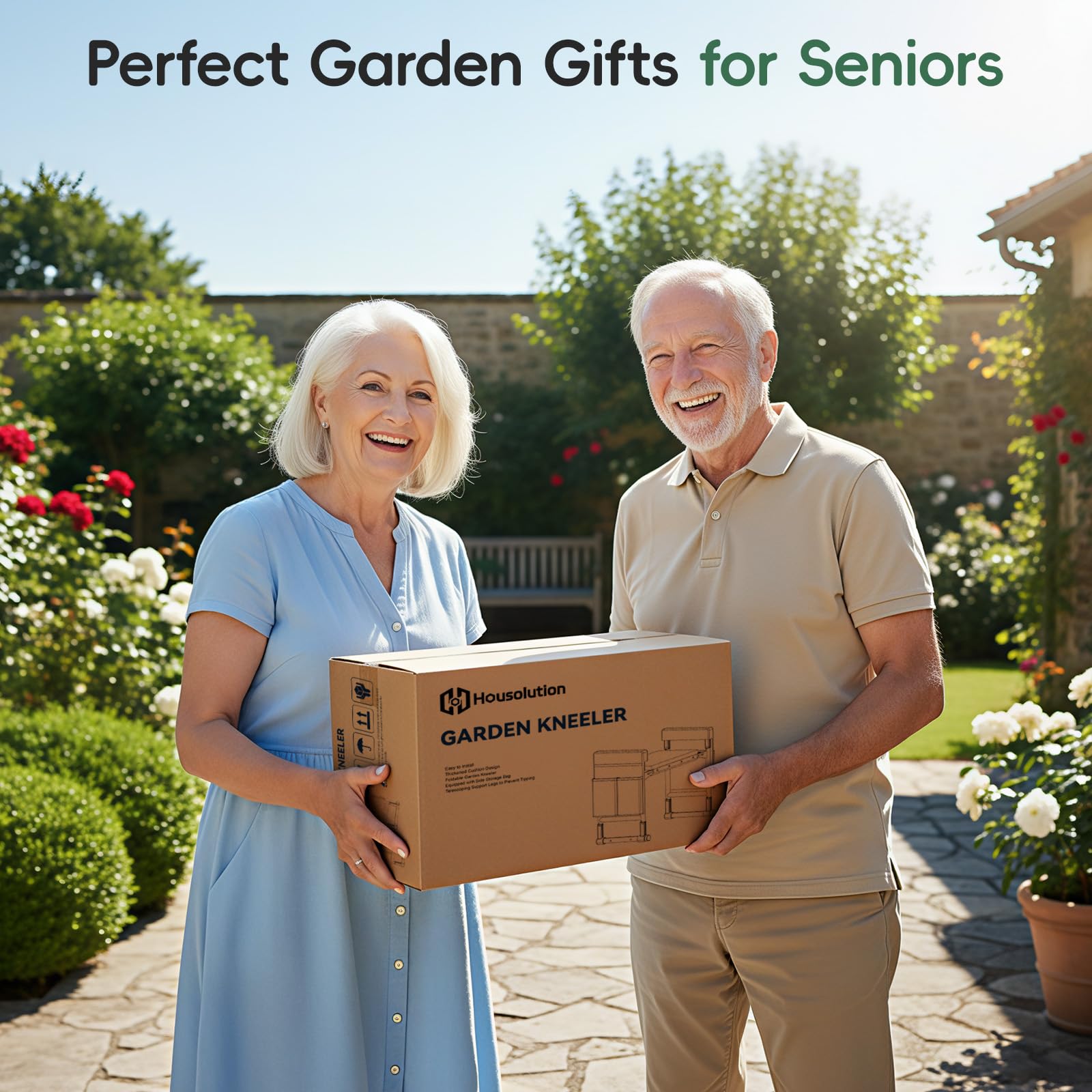 Housolution Rodillera y Asiento de Jardín Patas Extensibles Anti-Caída, Taburete Plegable con 2 Bolsas Herramientas, Almohadilla Gruesa Suave – Regalo Jardinería para Mujeres Hombres Adultos Mayores