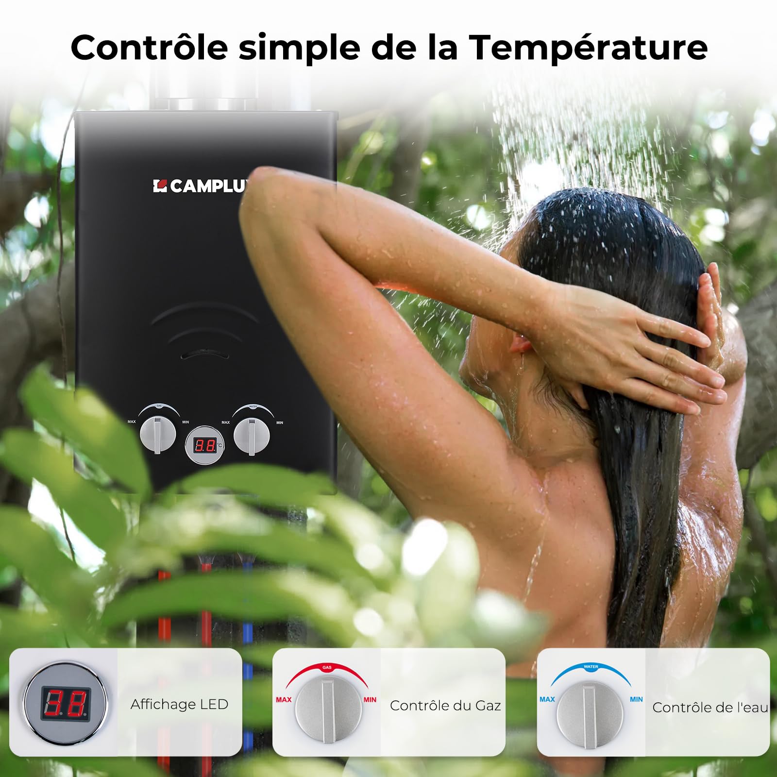 Camplux BW158BC Chauffe-eau à Gaz à 6 Litres sans Réservoir, avec Couvercle de Pluie, Propane ou Butane, 12kW, Noir