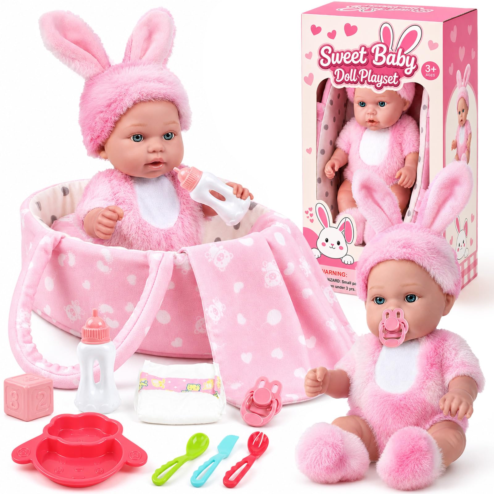 vamei 12 Inch Baby Doll Set with Carry Cot Girls Kids Pretend Play Toys