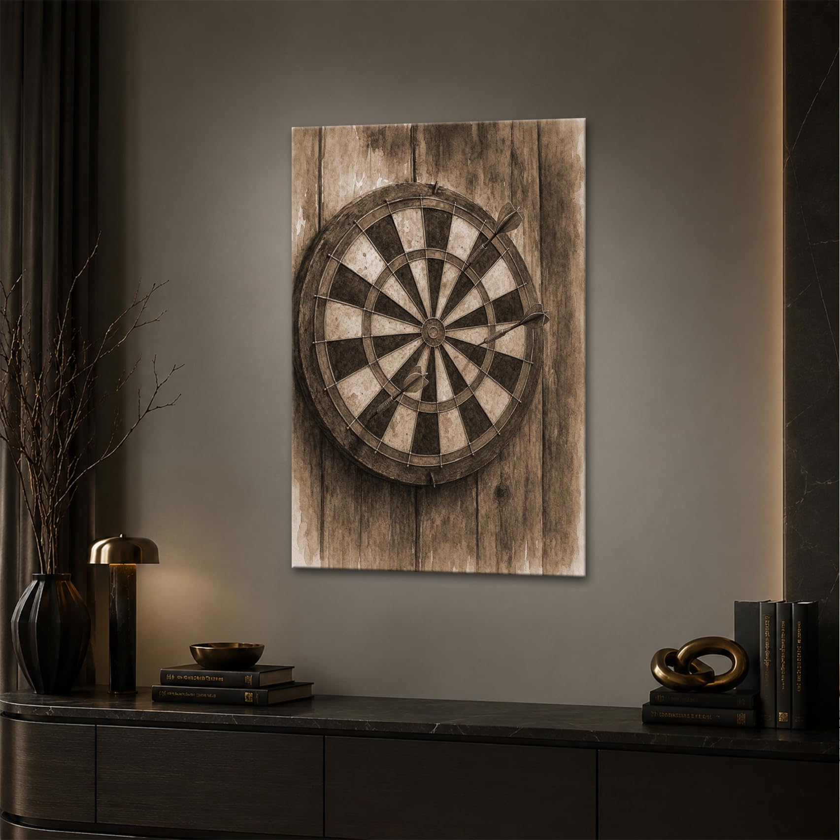 deyoli Obraz na płótnie tarcza do darta z trzema strzałkami na ścianie drewnianej 80 x 60 cm Sepia
