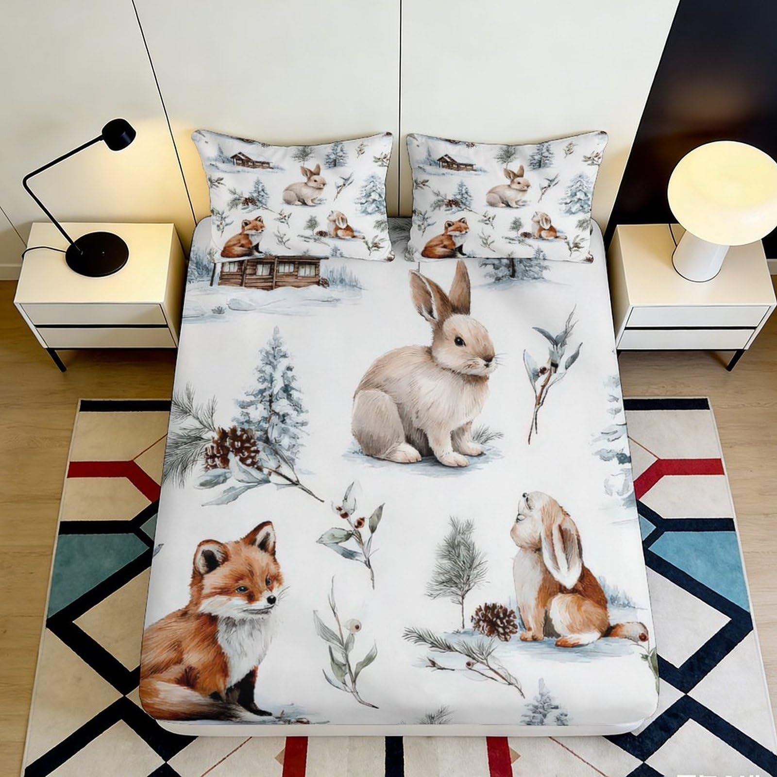3D Printed Winter Forest Rabbit Fitted Sheet Microfiber Soft Durable Fox Bed Cover for Bedroom Dormitory Guest Room Mattress Protection 160x200x25cm