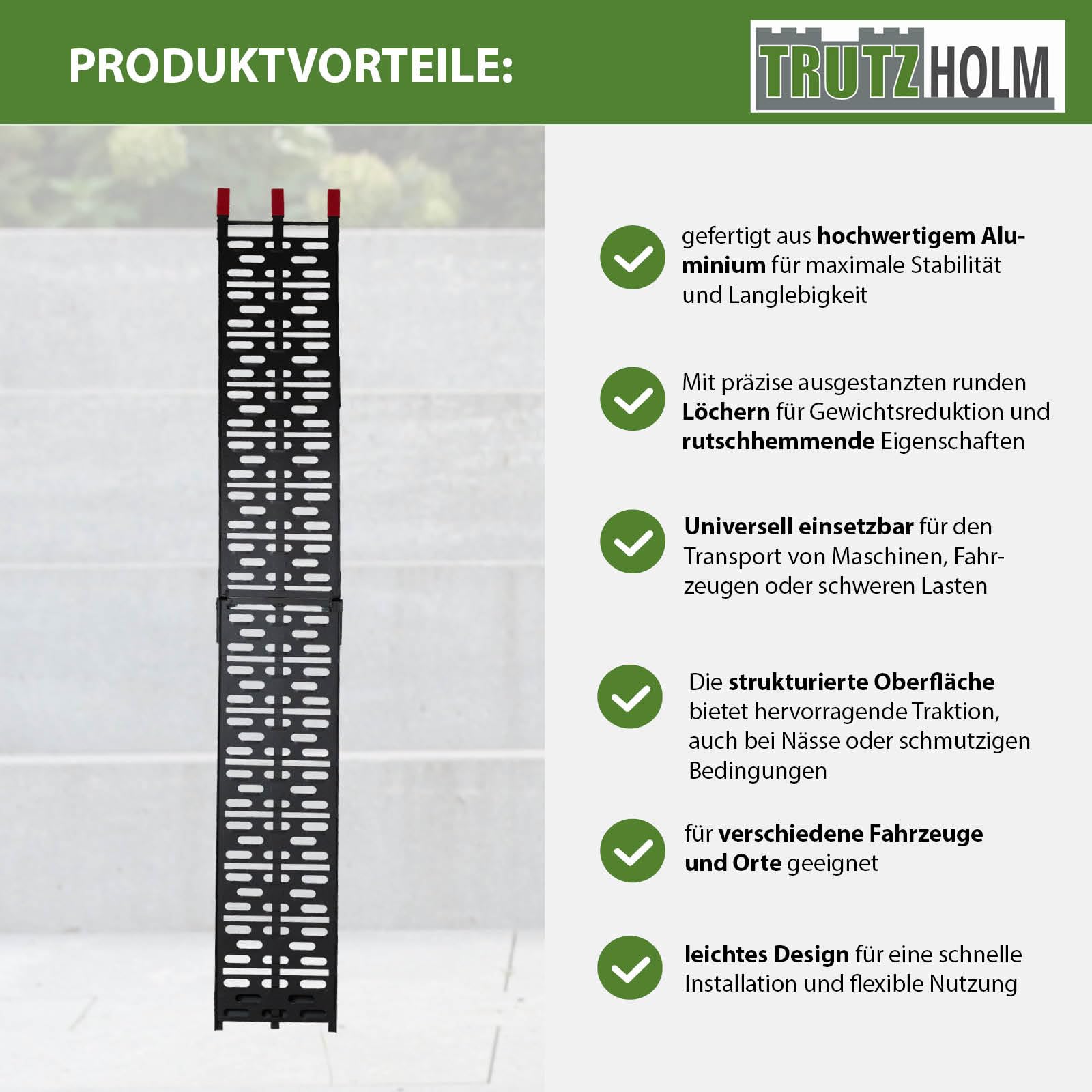 TRUTZHOLM Auffahrrampe klappbar Länge 228 cm Traglast 340 je Stück Motorradrampe Aluminium gelochte rutschfeste Lauffläche gummierte Auflage Verladerampe für Motorräder Roller E-Bike schwarz (1)