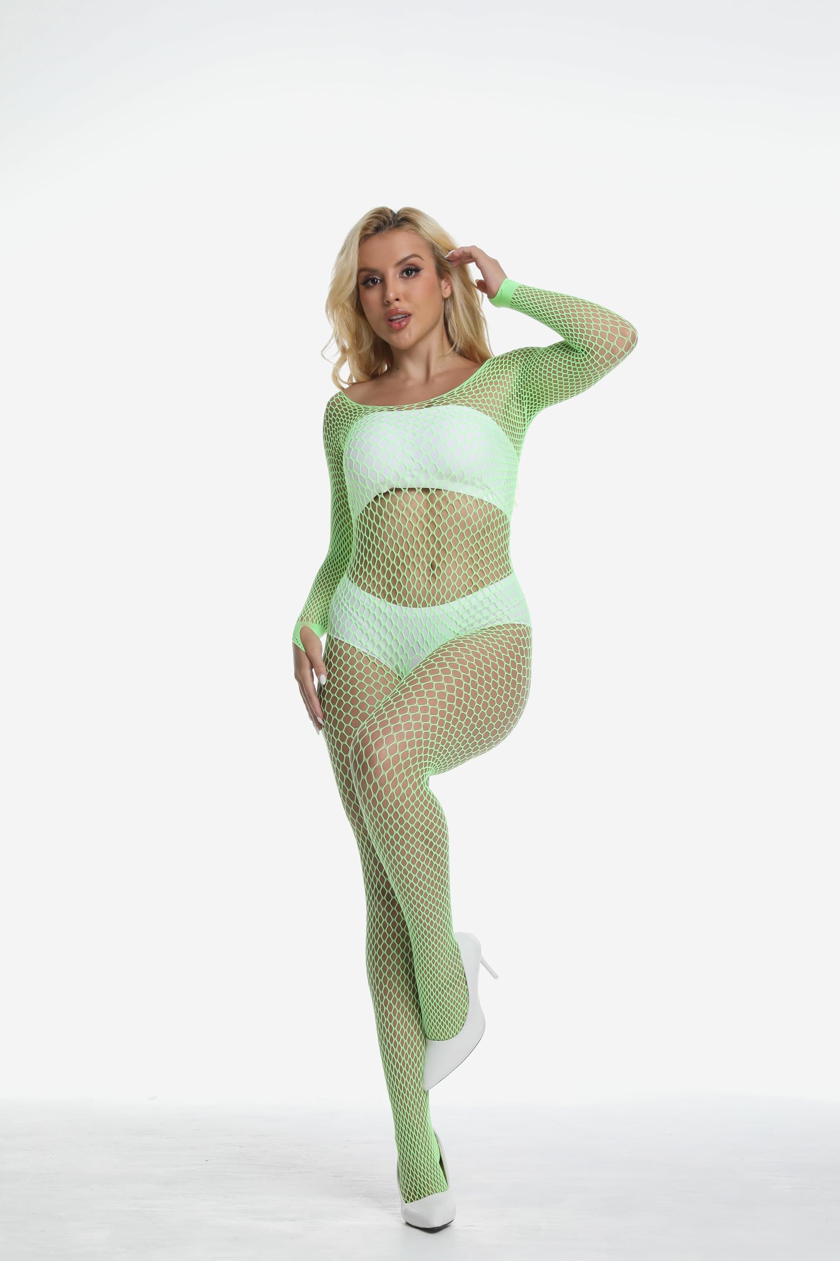 Amashion Women Fishnet Bodysuit Mesh Elastic One Piece Bodystockings Teddy Lingerie for sexy (Green, onesize)