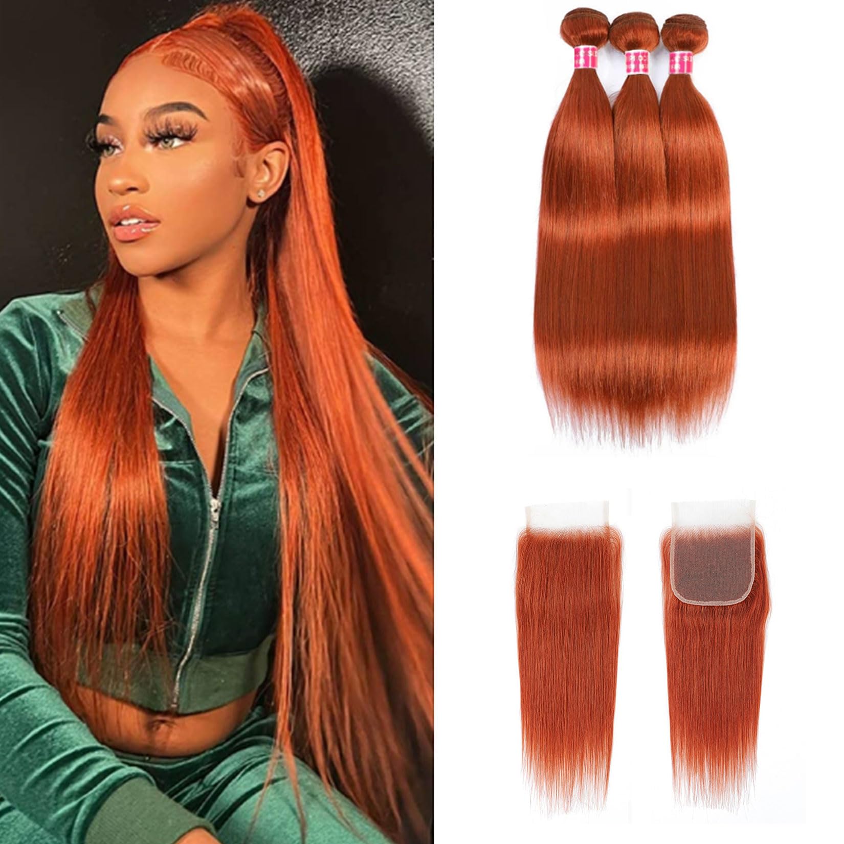 #350 Arancione Pacchi Allentati Profondi con Chiusura Capelli Umani con Chiusura in Pizzo Extension di Capelli Vergini Brasiliani Lisci di Alta Qualità per Donne Nere,10 12 14+10closure