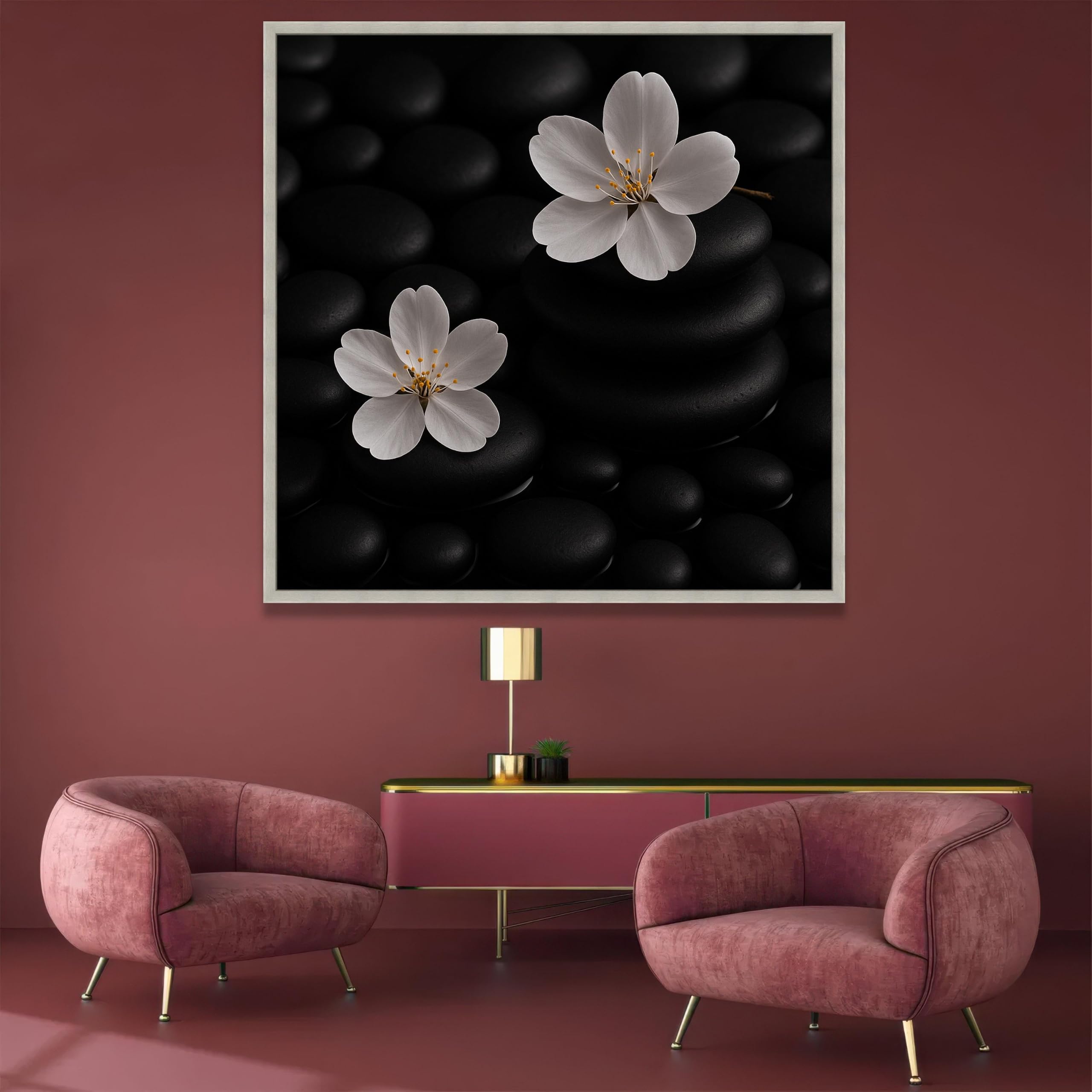 XINBAO Białe kamienie Zen na czarnym tle, kwiatowy obraz ścienny, minimalistyczna dekoracja kwiatowa i kamień, nowoczesna dekoracja domu (65 x 65 cm/rama wewnętrzna)