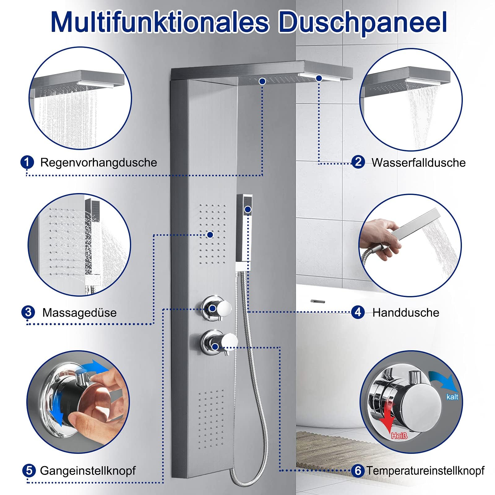 LZQ Pannello doccia a pioggia 304 in acciaio inox 304, asta doccia regolabile in altezza, 4 in 1 con termostato, sistema di pannello doccia argento