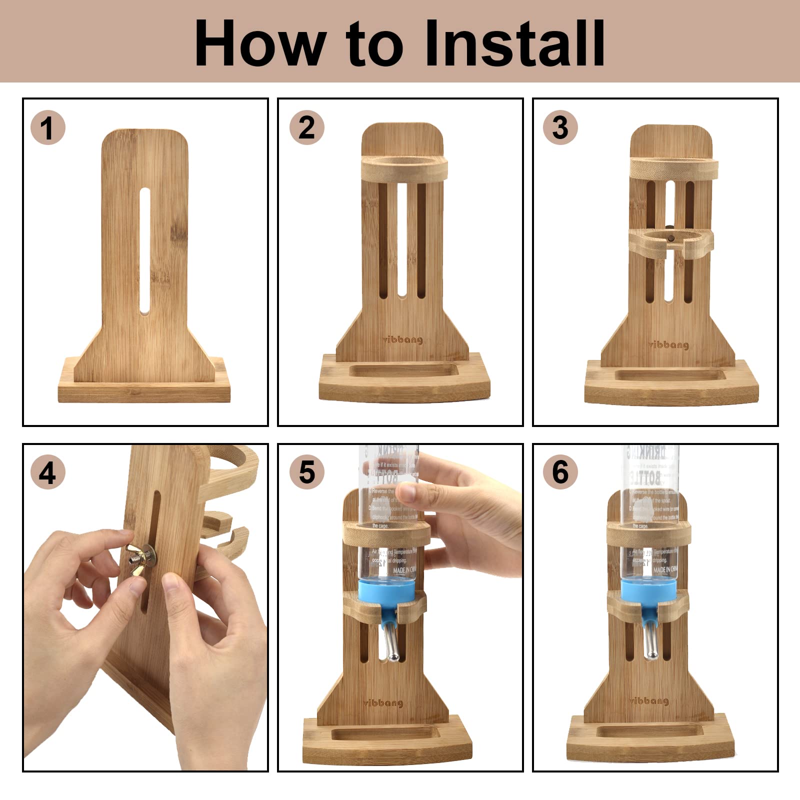 Vibbang Bebedero Hamster, Bebedero Conejo, Dispensador de Agua para Beber Roedores, con Soporte de Madera Ajustable, de Agua Alimentador Cristal para Cobayas Hurones Conejos Pequeños Animales(125 ML)