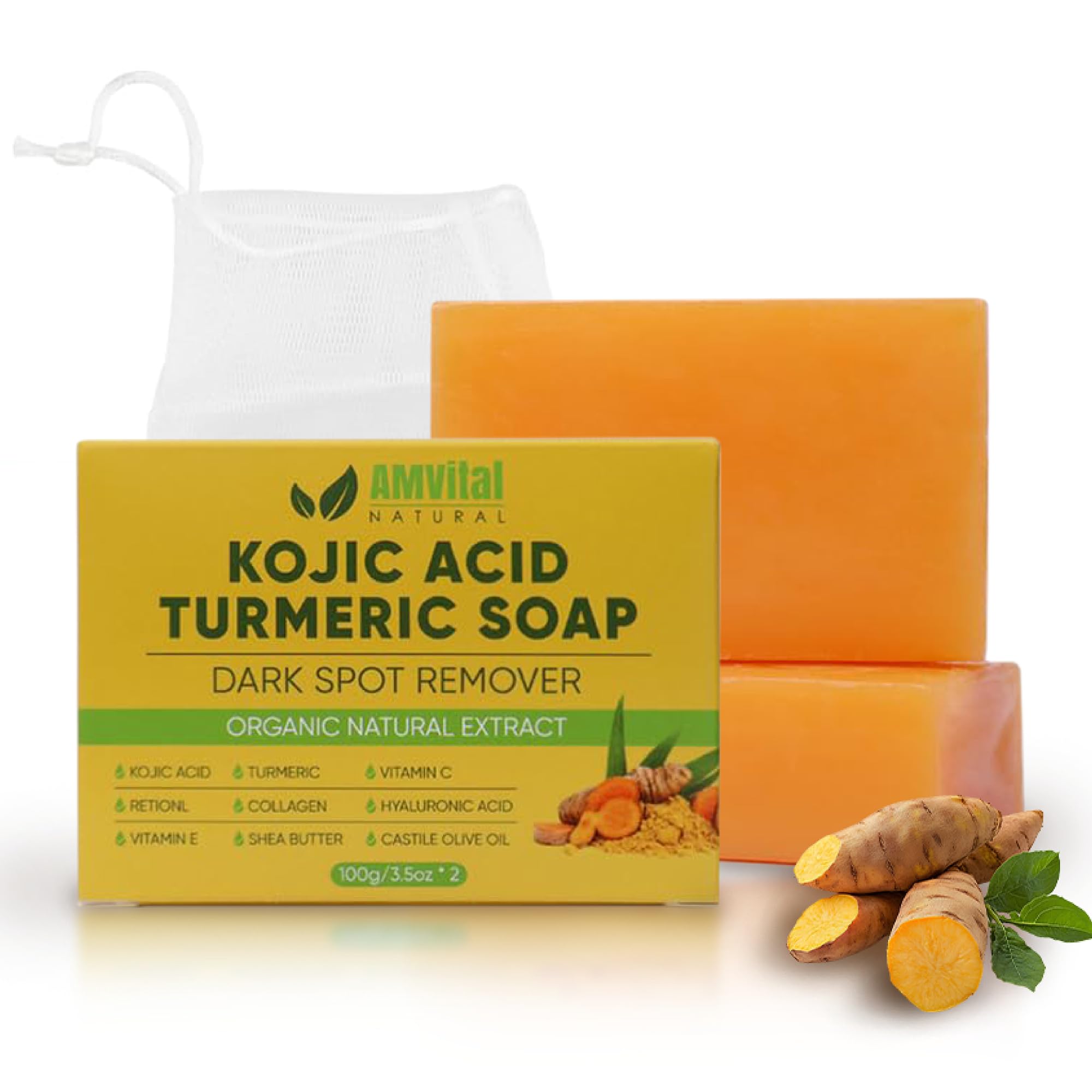 Turmeric Kojic Acid Soap Bars with Vitamin C, Retinol & Hyaluronic Acid – Face & Body Soap with Collagen & Shea Butter – 2-Pack Cleansing Bars for All