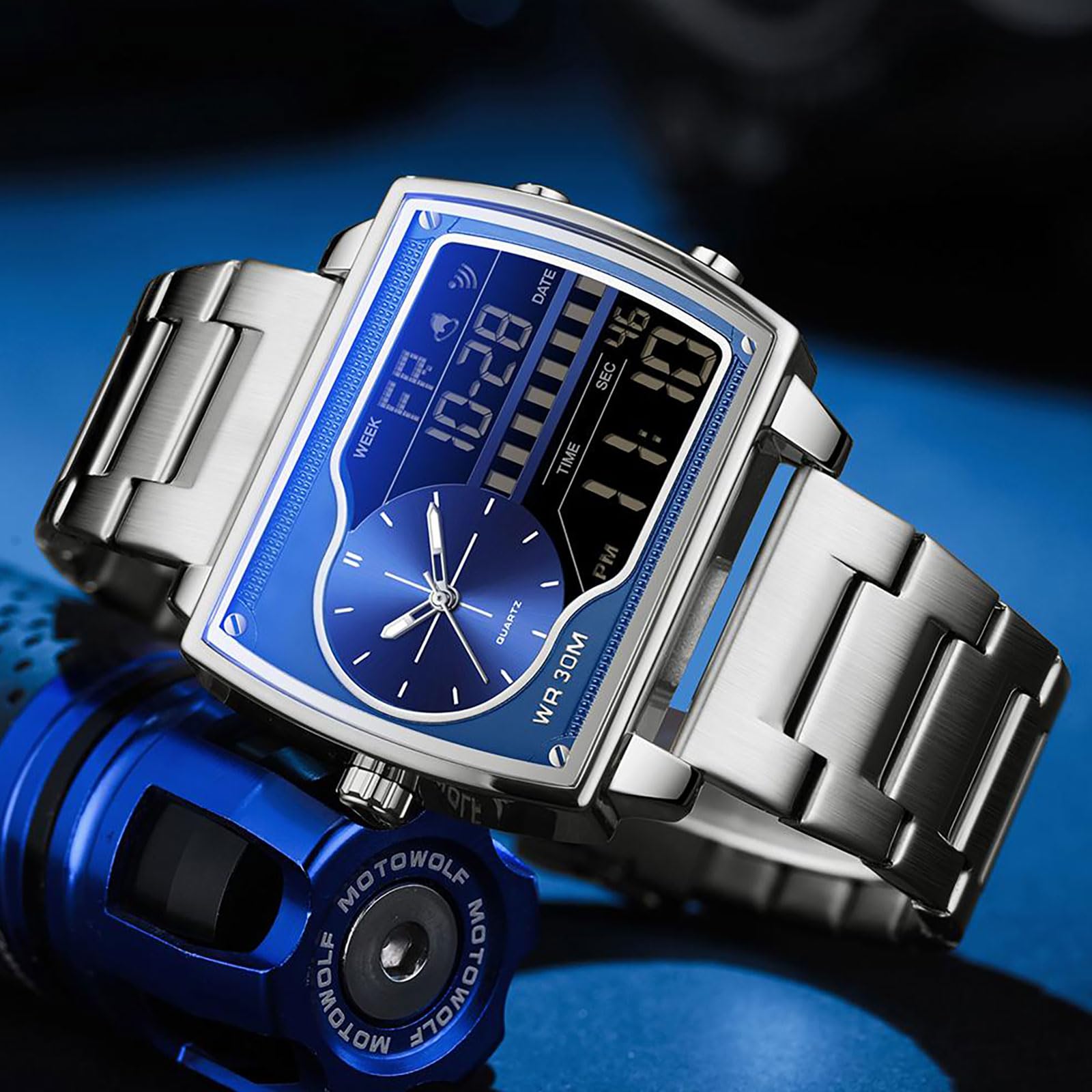 findtime Herrenuhr Rechteckig Retro Luxuriöse Armbanduhr Herren Digital Analog Quarz Klassische Business Leger DREI Zeitzone Wasserdicht Beleuchted Große Zifferblatt für Männer Gold