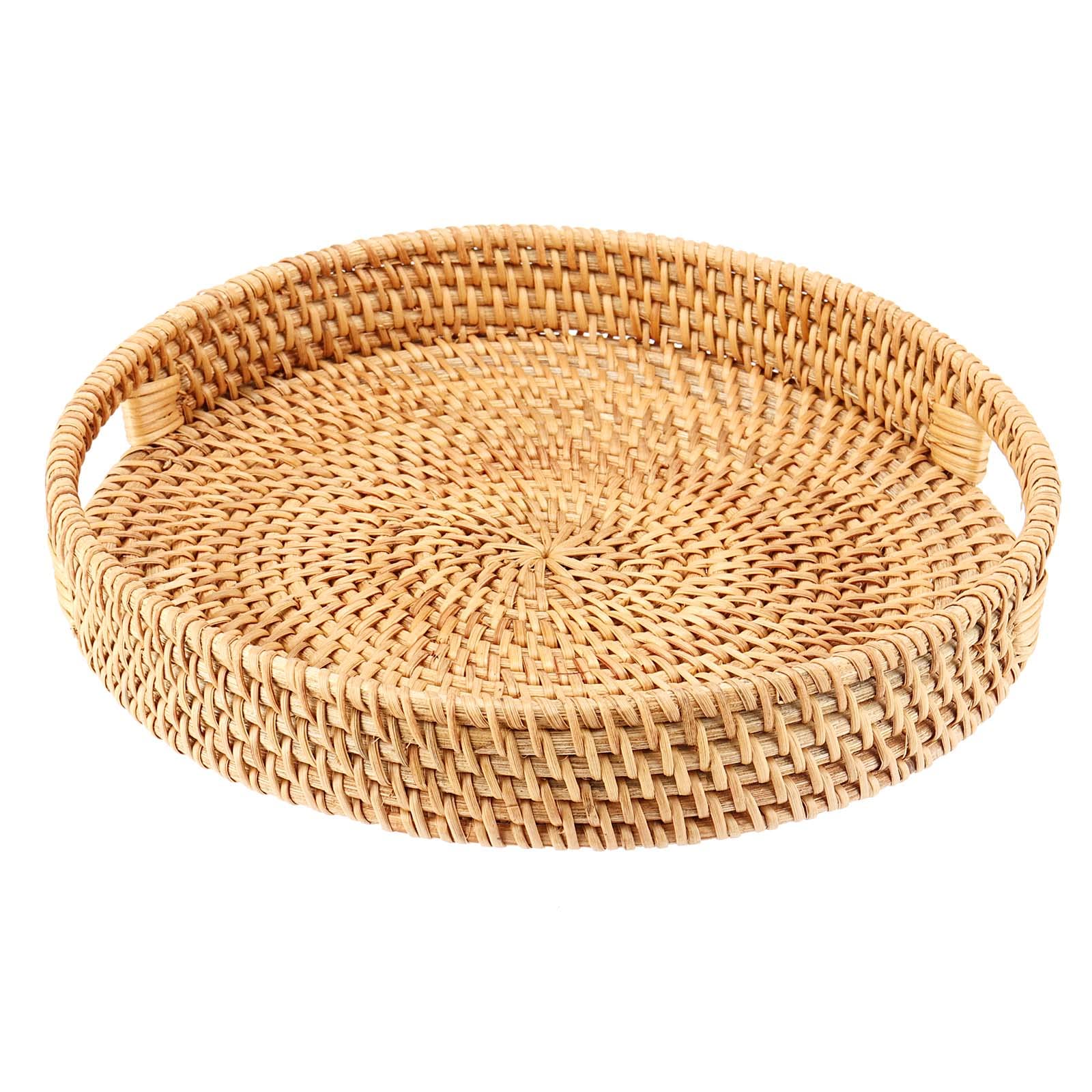 Bandeja redonda de ratán tejida de 25 cm, bandeja redonda grande de ratán con asas, bandeja organizadora de escritorio de mesa natural, cesta tejida decorativa para aperitivos, pan, bebidas,