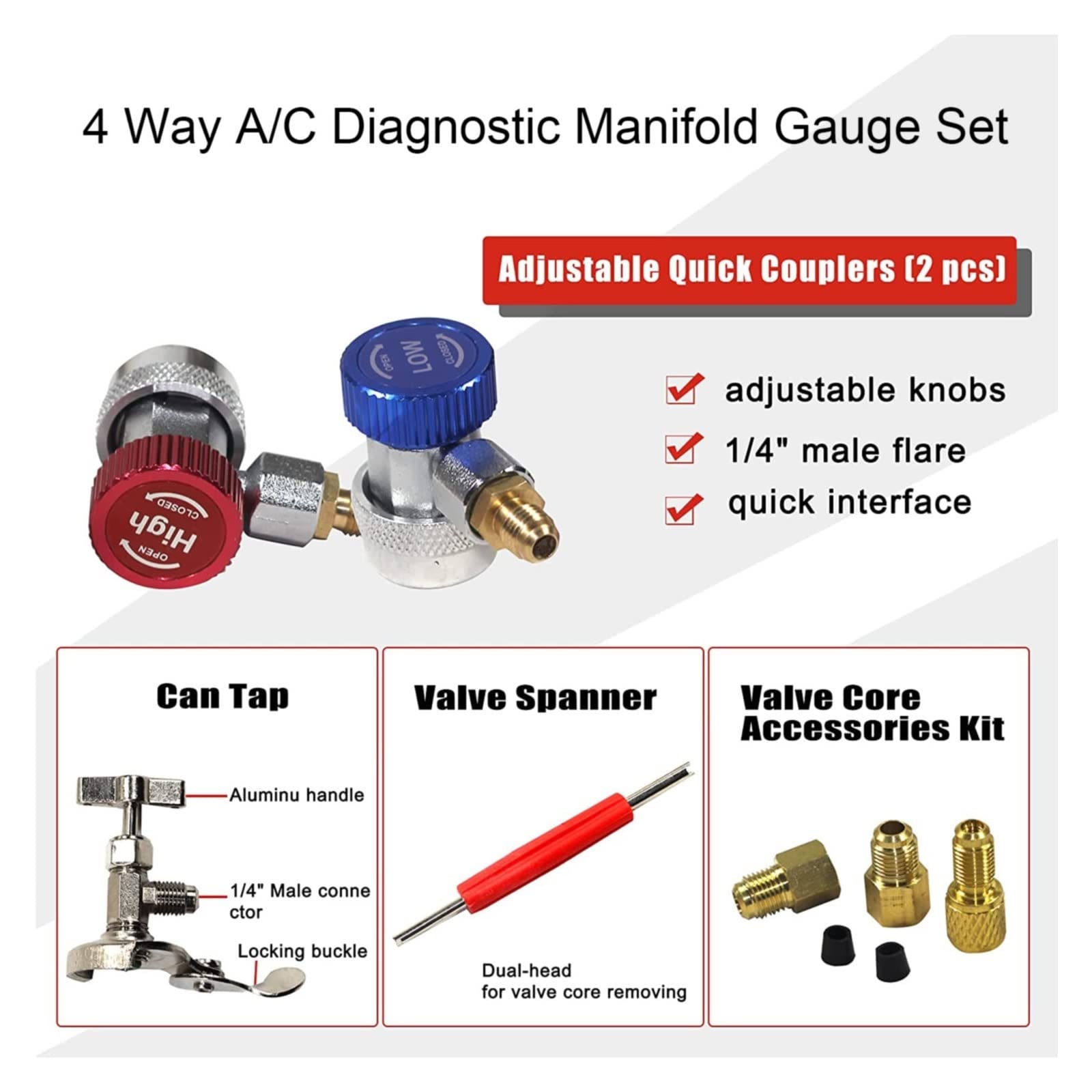 4-Wege-AC-Verteiler-Messgerät-Set HVAC-Diagnose-Freon-Ladewerkzeug for den Autohaushalt R134A R22 R410A 5FT-Schlauch-Schnellkupplung Für Heimwerker