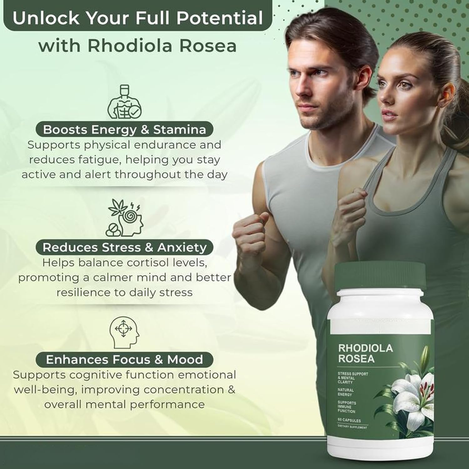 Rhodiola Rosea - Erba adattogena - Supporto per cervello, stress e umore - Miscela naturale - Non OGM