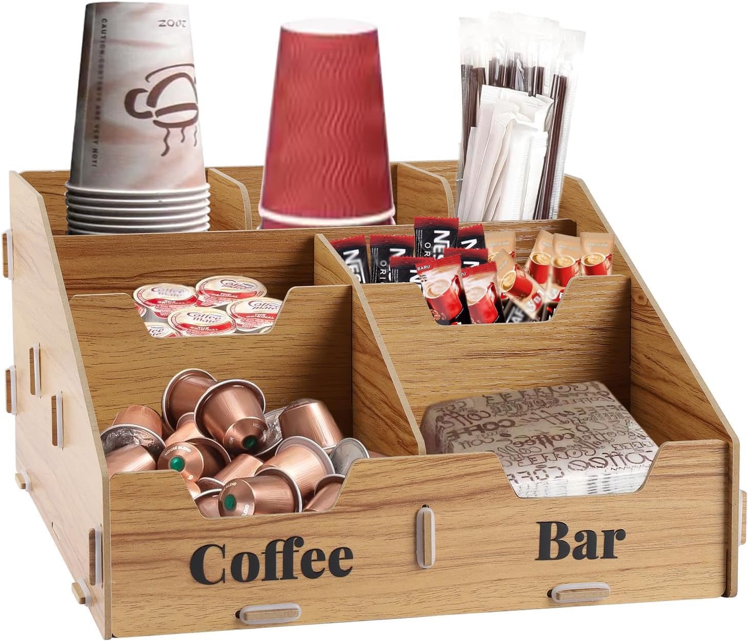 Organizer per caffè in legno con 7 scomparti e divisori rimovibili, stazione caffè e organizzatore per spezie per cucina e ufficio, porta capsule e portabicchieri in legno, accessori per bar