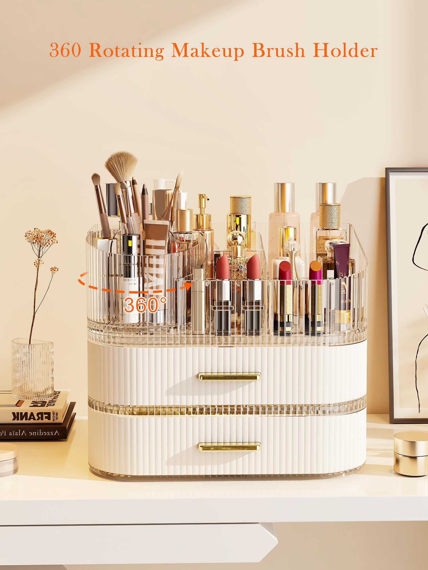 Make-up Organizer mit 2 Schubladen, 360 Grad drehbarer Make-up-Pinselhalter, 27,9 cm breit, groß, stapelbar, Kosmetik-Vitrine, Hautpflege-Organizer und Aufbewahrung für Kommode, Schminktisch
