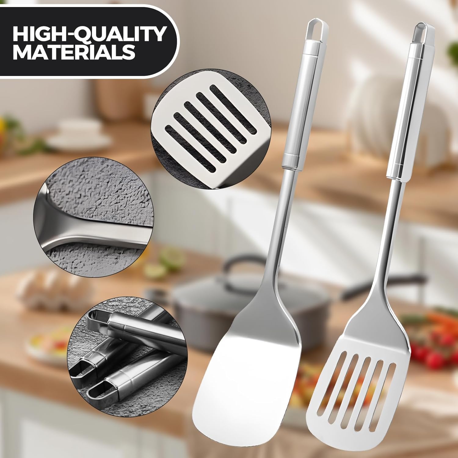 Juego de espátulas plateadas, espátulas de acero inoxidable de 13.5 pulgadas, espátulas de metal resistentes al calor para peces, huevos, panqueques. 5