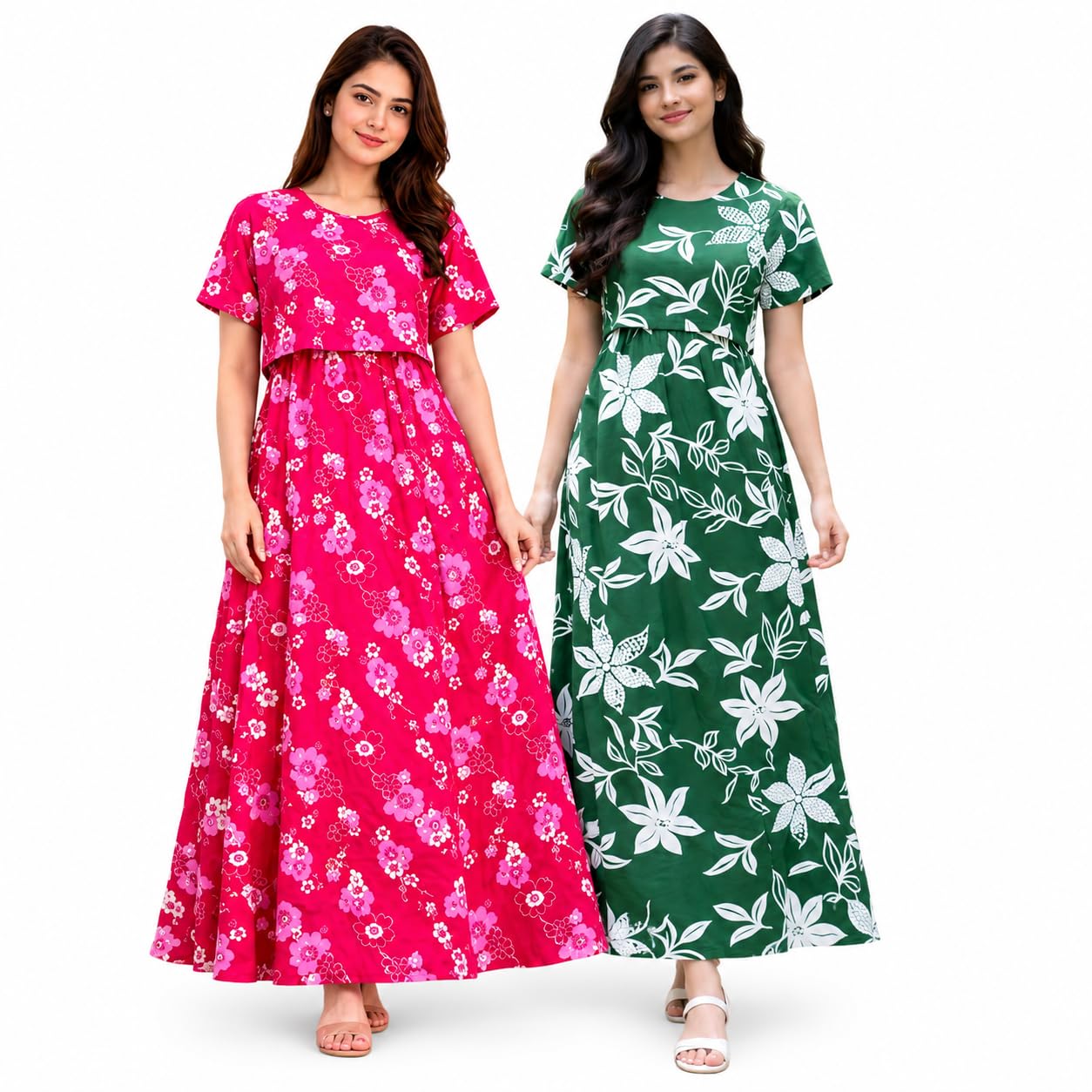 RENIS.Store Women's 100% Cotton Zipless Feeding Maternity Nighty Pack of 2 | Pull Up Nighty | Soft Pregnancy & Feeding Wear, Back Tie with Side Pocket | Pink Flower & Green Big Flower | Size-M-image-37