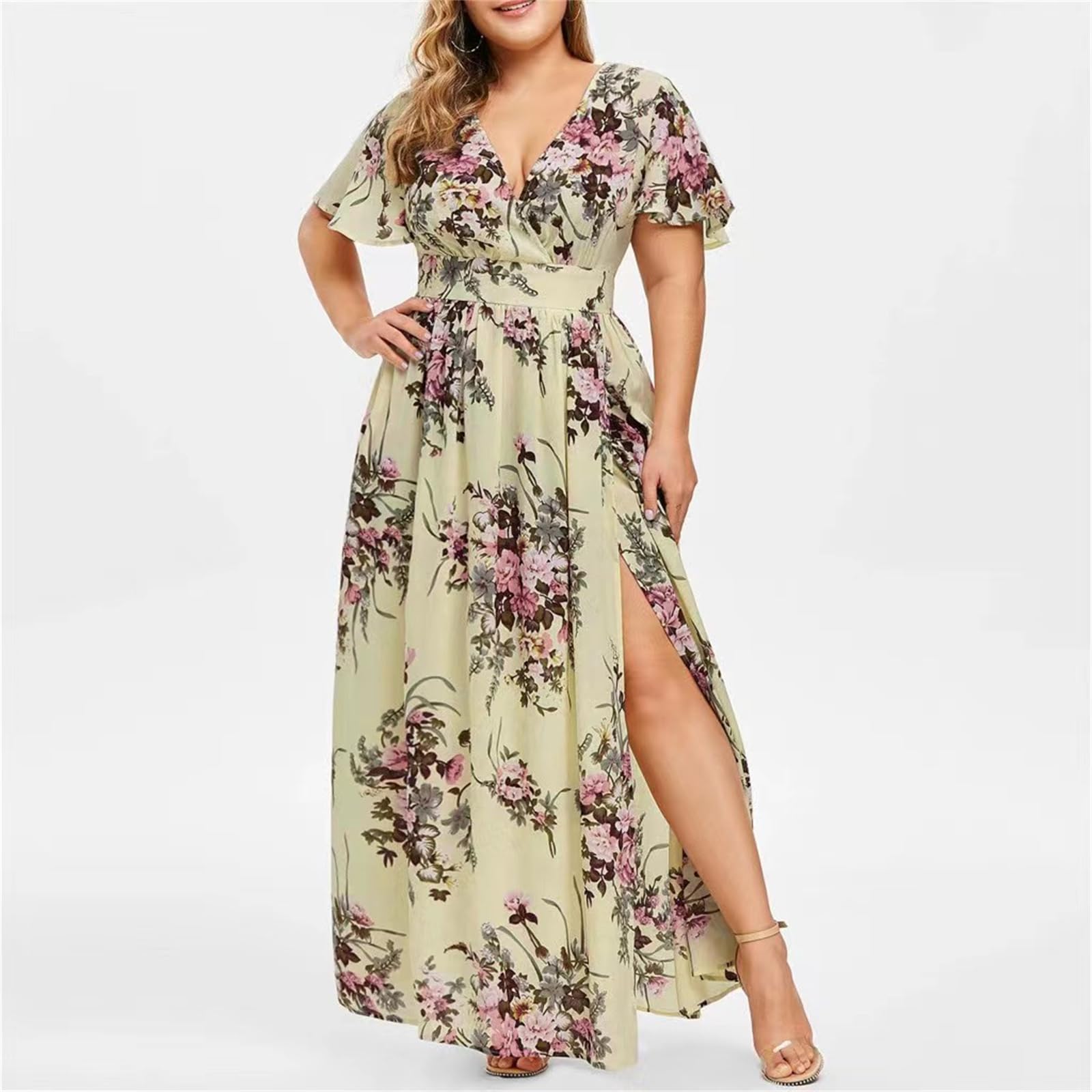 Vestido Largo Bohemio de Manga Corta Estampado Retro Vestido de Mujer de Verano Extra Grande 5Xl Vestido de Sol de Cuello V, HUTALIM, Negro, 3XL