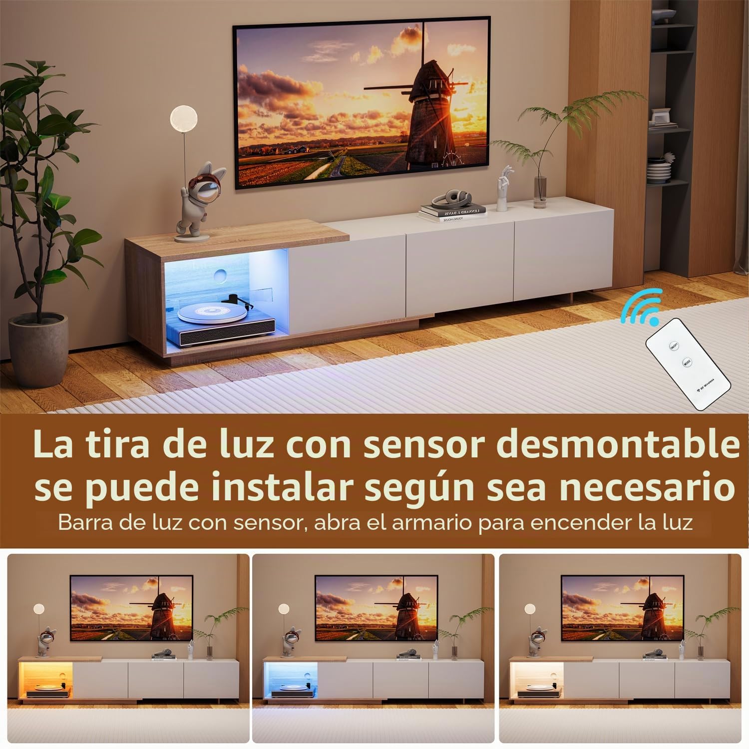 Mueble Extensible para TV, Mueble TV 240 cm, Mueble de TV LED para Salón, Banco TV Moderno de Madera con 3 Cajones, Armario Bajo para Salón, Blanco