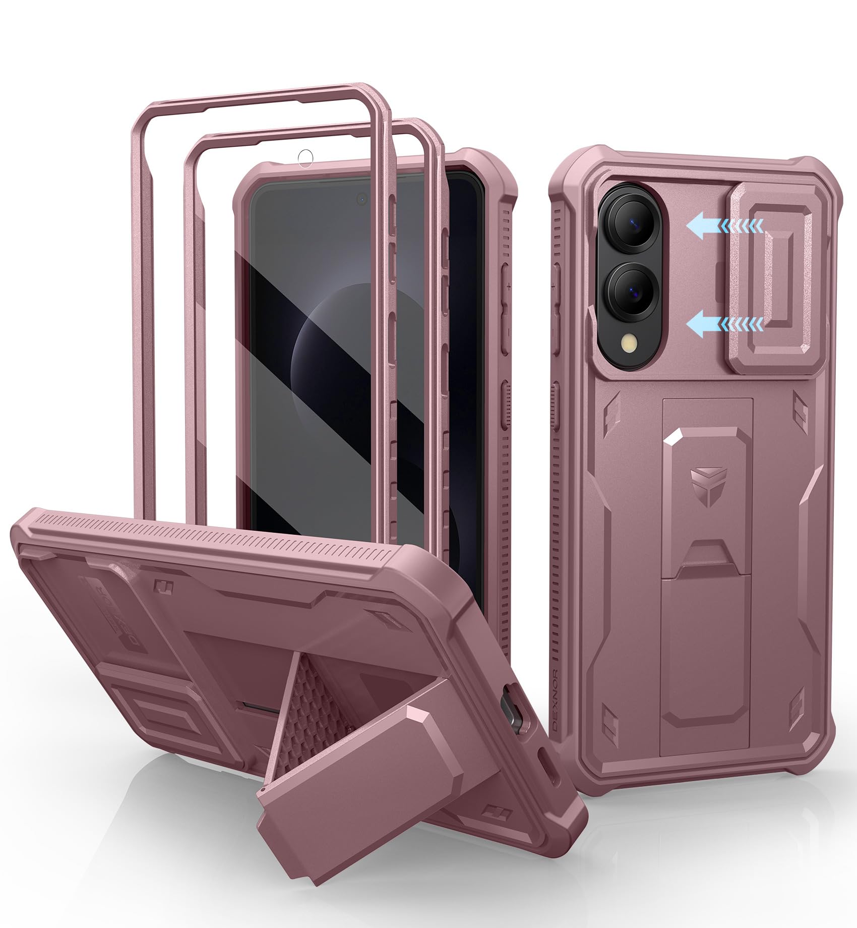 Dexnor for Samsung Galaxy S25 Edge Case with Upgraded Slide Camera Cover &amp; 2 Front Frames &amp; Built-in Screen Protector &amp; Kickstand, Heavy-Duty Rugged Case Full-Body Bumper Protective Cover,Peony Pink