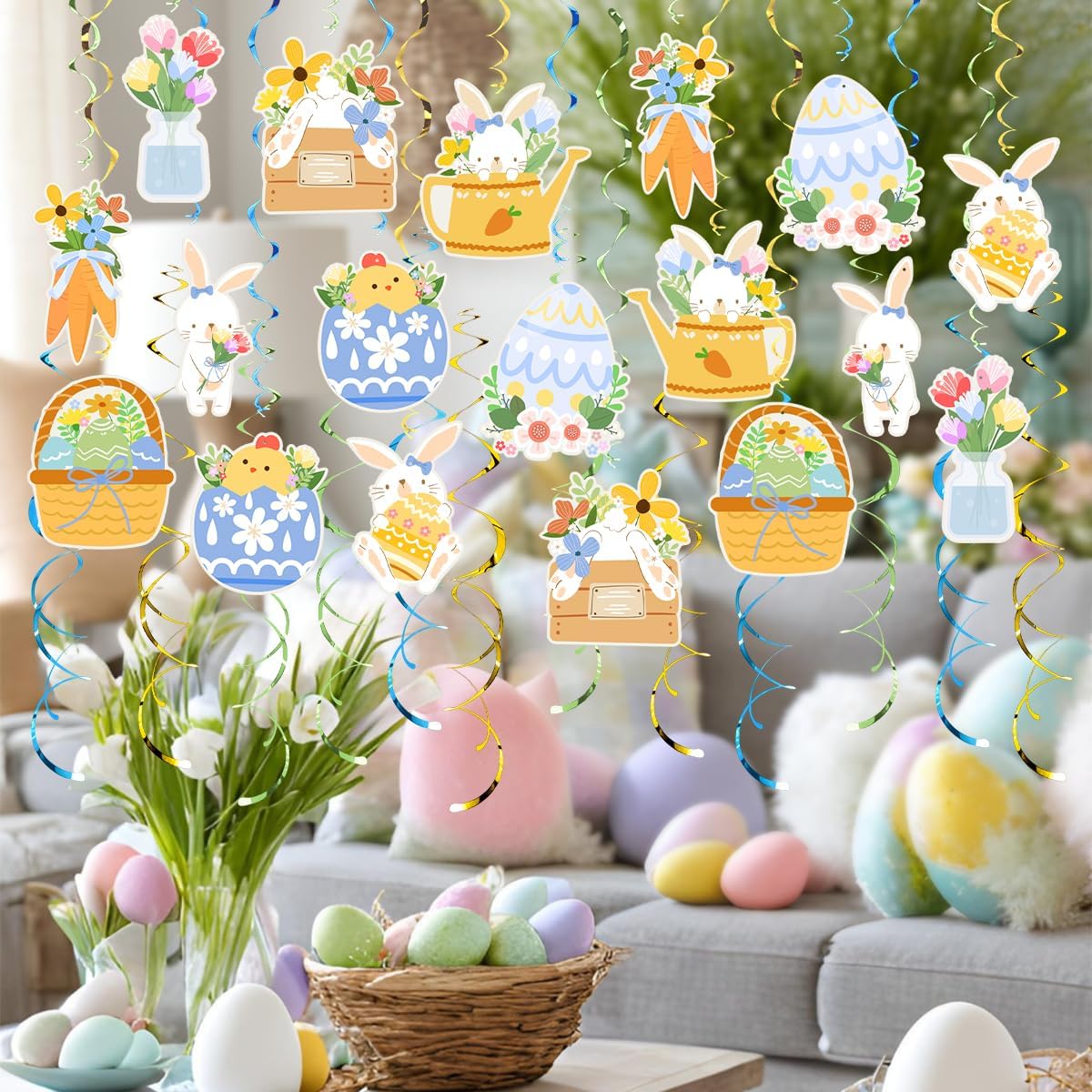 30PCS Easter Hanging Swirl Decorations Pre-Strung Easter Bunny Egg Foil Swirls Easter Ceiling Streamers Spring Decor for Home Office School Easter Party Ornaments Favors Supplies