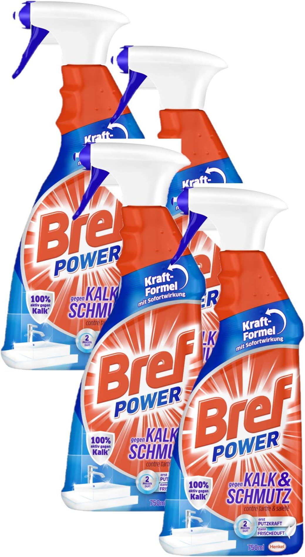 Bref Power against limescale and dirt, limescale cleaner, spray bottle, for hygienic cleanliness (pack of 4 x 750 ml))