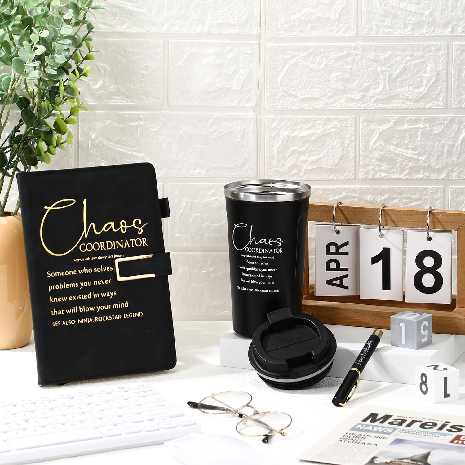 Pickmesh 3 Pcs Chaos Coordinator Appreciation Gifts for Women Men 17 oz Coffee Tumbler A5 Leather Journal with Ballpoint Pen for Teacher Admin Professionals Manager Assistant‌ Employee(Black)
