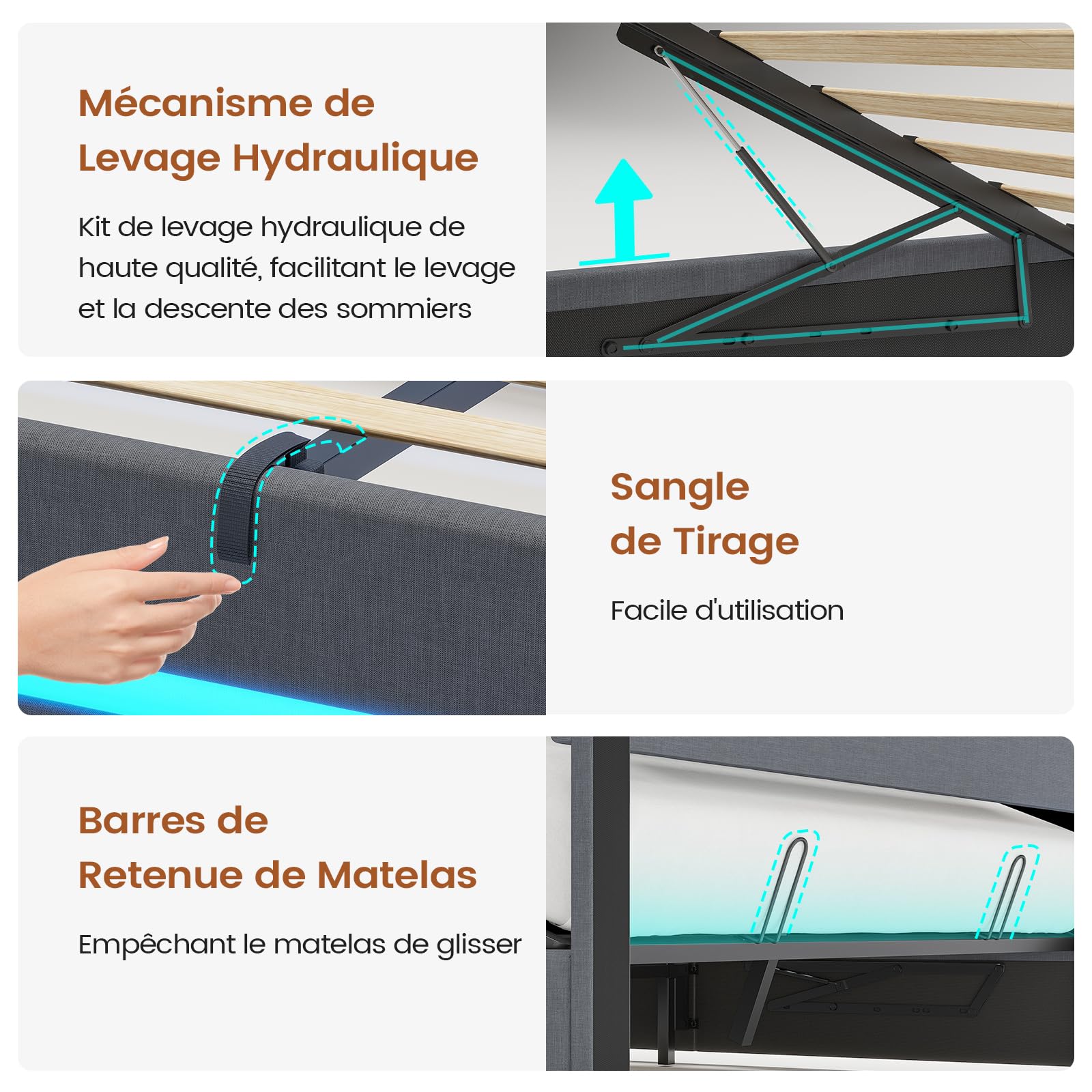 AOGLLATI Lit Coffre 140×190 cm avec LED et Ports USB, Lit Double Rembourré avec Rangement hydraulique, tête de lit réglable en Hauteur, Sommier à Lattes, Facile à Assembler, Gris Foncé（sans Matela）