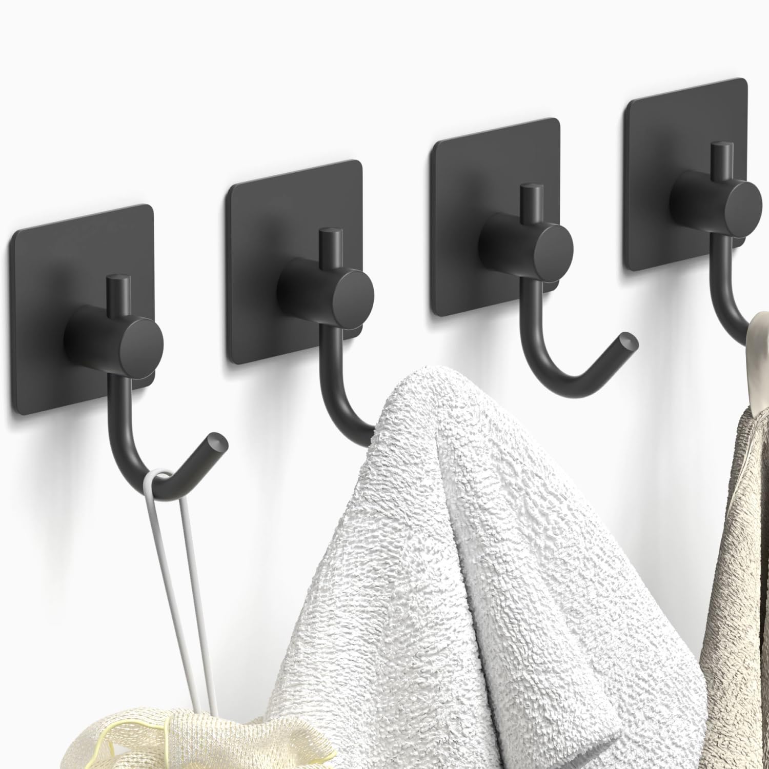 Adhesive Wall Hooks for Hanging - Towel Hooks for Bathroom and Kitchen, 304 Stainless Steel Towel Hanger (Black, 4 Pack)
