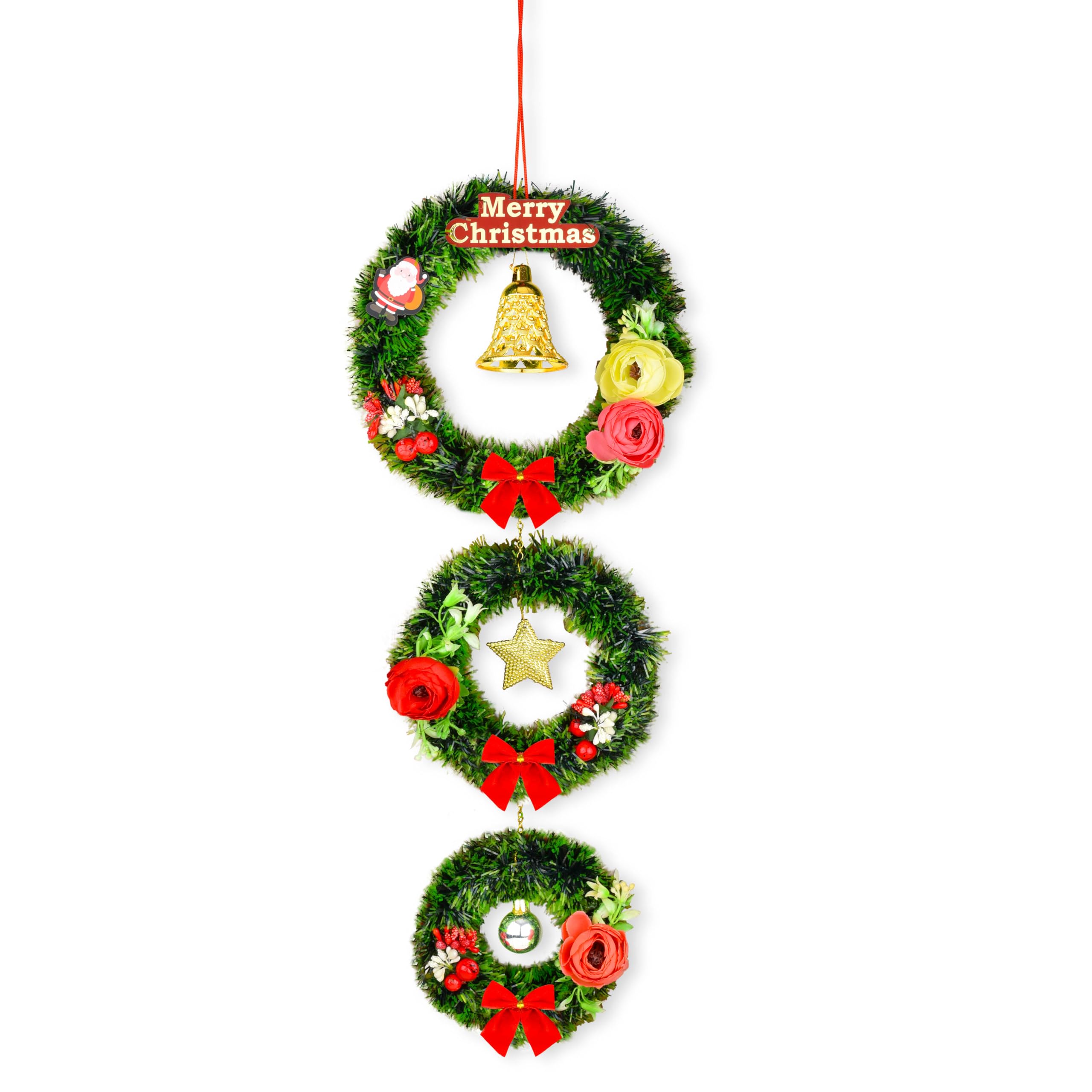 Sau Rang India Christmas Wreath for Door Decoration | Wreath with Berries, Bow & Bells | Festive Hanging Décor for Home, Office & Shop (Green Pine) (Green Pine, Medium 8 Inch)