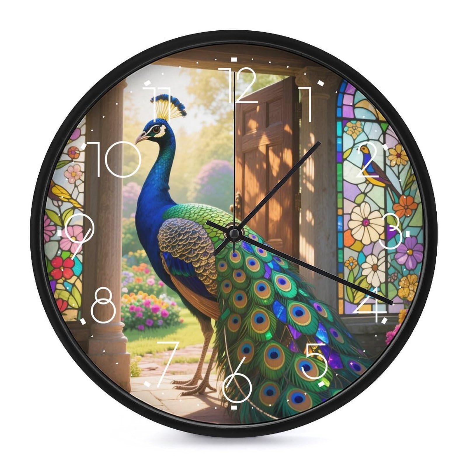 DWVTSLH Stained Glass Peacock Wall Clock 10 Inch Silent Non-Ticking Modern Clocks Battery Operated - Decorative Wall Clocks for Bedroom Living Room Kitchen Office Wall Decor Gift Idea