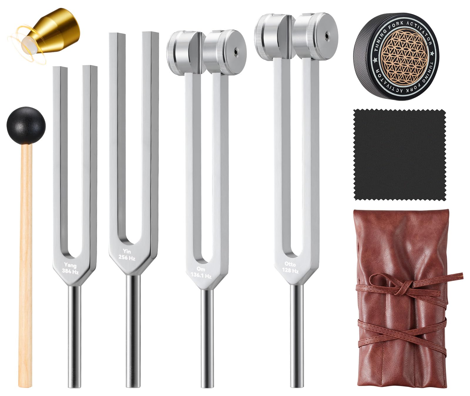Sound Healing Tuning Fork Set - Tuning Forks for Chakra Alignment & Stress Relief – Otto 128Hz, Earth Om 136Hz, Yin 256Hz, Yang 384Hz, Activator & Pouch – Ideal for Meditation & Home Therapy