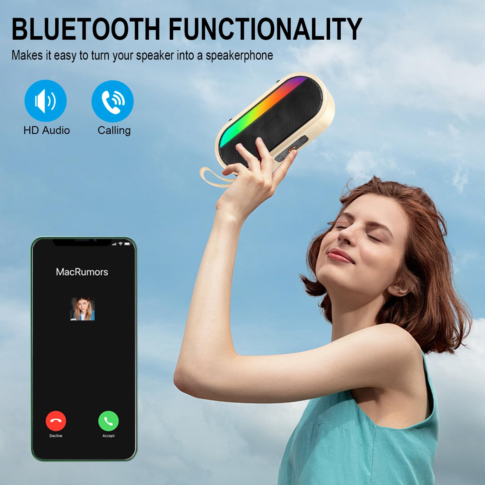 Cassa Bluetooth Portatile Potente 20W, Altoparlante bluetooth 5.4 con 3 modalità EQ, 20Ore di Autonomia, Luci RGB, IP7 Impermeabile Speaker Supporto TWS, Micro-Con, AUX/TF Card per Esterno Festa Rosa