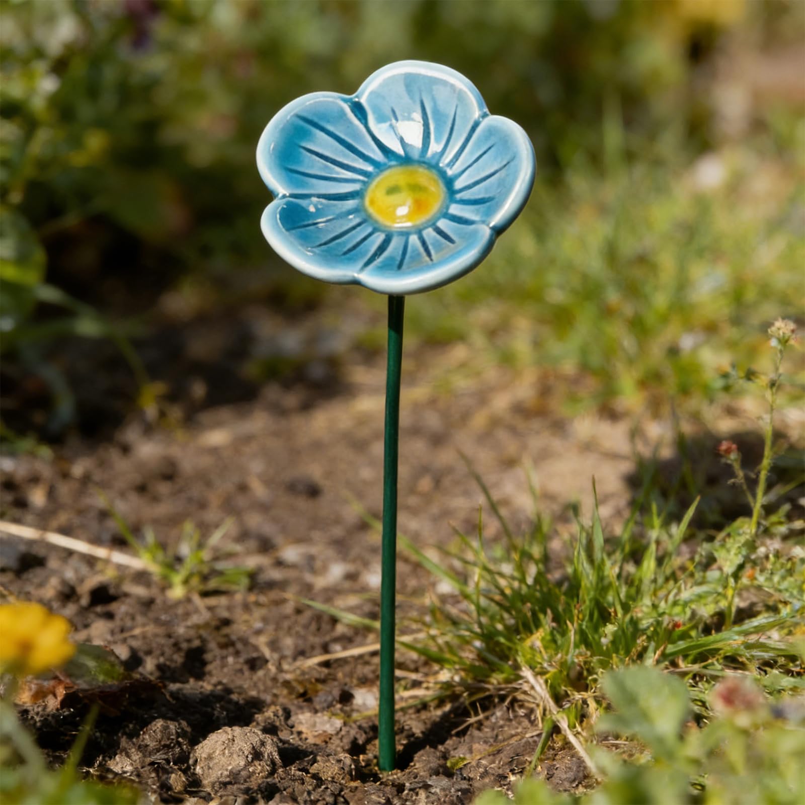 11 inch Ceramic Bee Cups for Garden, Flower-Shaped Bee Watering Station, Butterfly & Pollinators Water Feeder, No Tool Required, Outdoor Bees Bath Bowl Gardens Stakes for Lawn Yard Patio-Blue