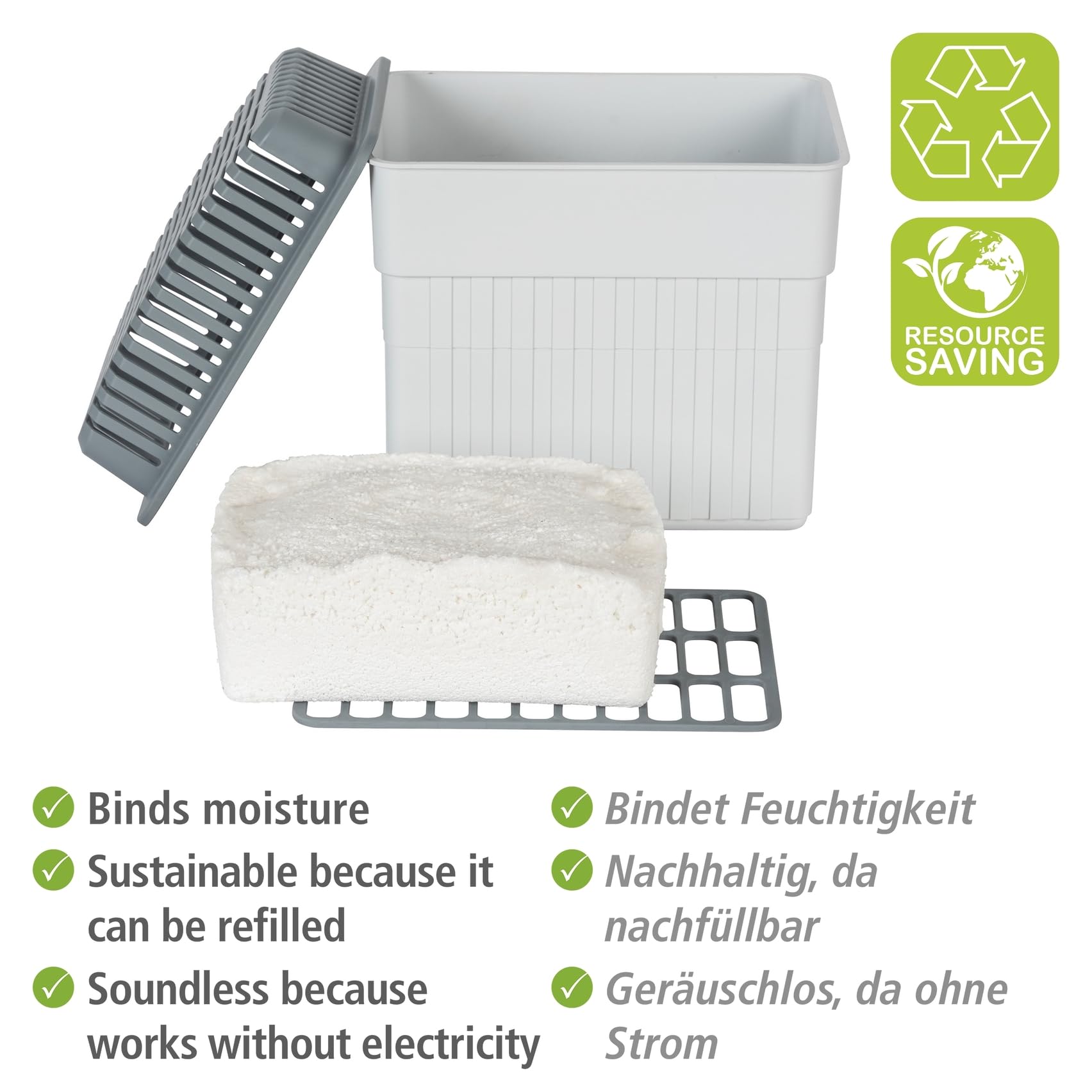 WENKO Środek do usuwania wilgoci z blokiem granulatu 2 kg, osuszacz do pomieszczeń, pomieści do 2,8 l wilgoci, testowany laboratoryjnie, nadaje się do ponownego napełniania, redukuje pleśń i zapachy,