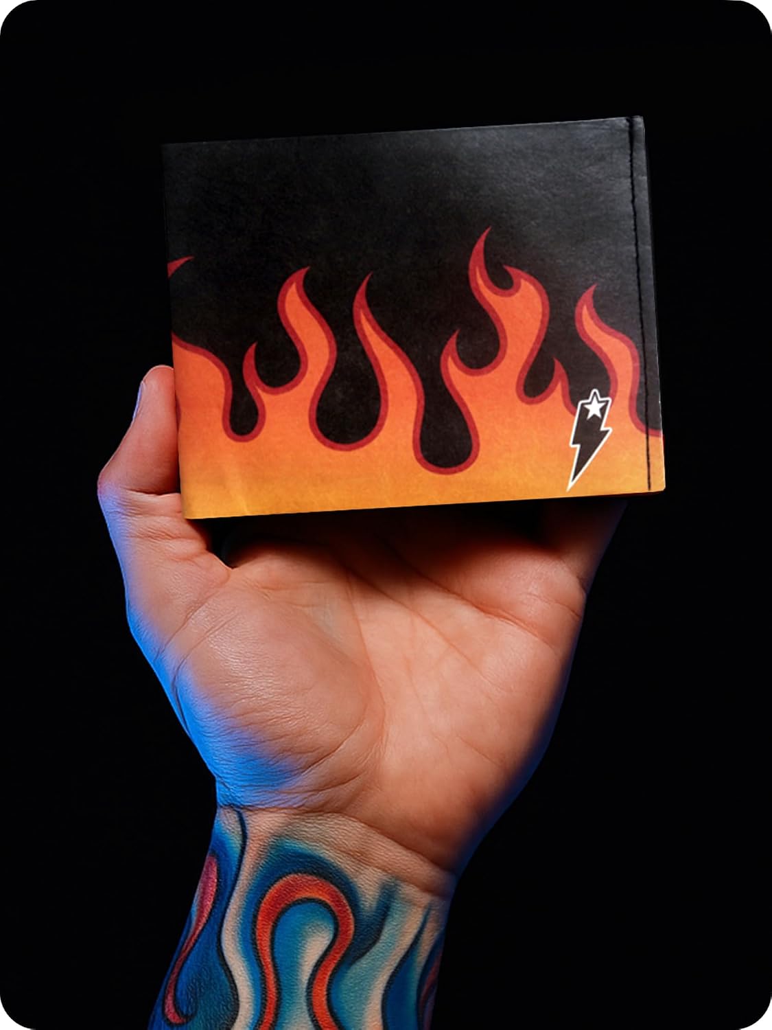 SUPERVEK Lit Flames Fire Stitched Paper Wallet - Vegan, Mighty Thin, Slim Wallet for men, Mens Credit Card Holder Wallet Gifts - Anime Tattoo Streetwear Hypebeast Bifold Wallets - RFID Blocking