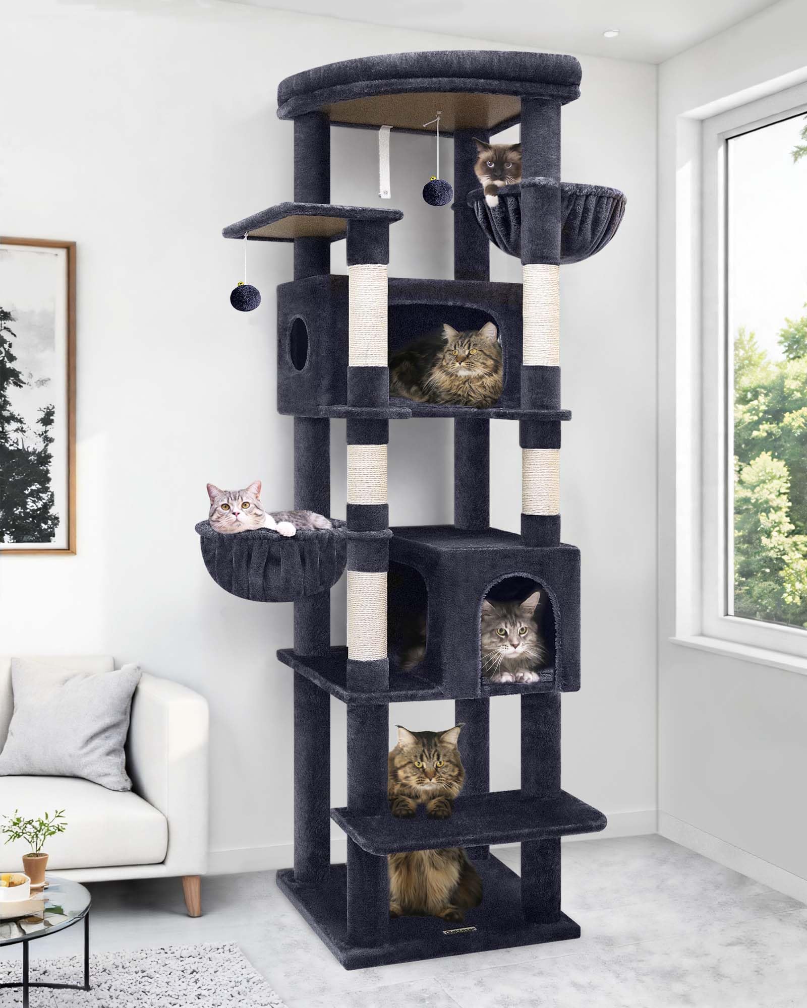 Globlazer Tiragraffi Grandi Alto 188 cm con 2 Grotta, 2 Cesto, Piattaforma Imbottiti, Antiribaltamento Albero Tiragraffi per Gatti Adulti Morbido Peluche Facile da Pulire (S74, Grigio Scuro)