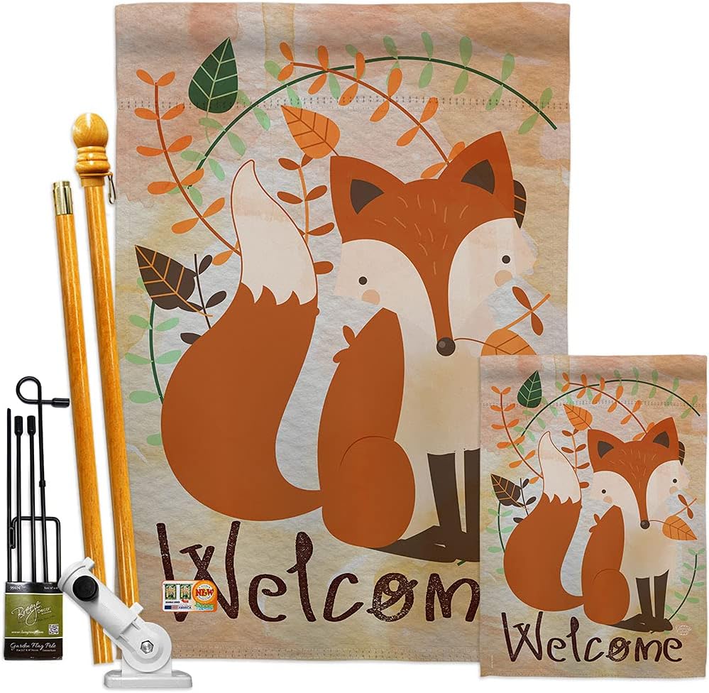 Welcome Fox House Flag Animals Wildlife Outdoor Deer Bear Wolf Pet Nature Farm Animal Creature Small Decorative Gift Yard Banner Double-Sided Made In USA 28 X 40
