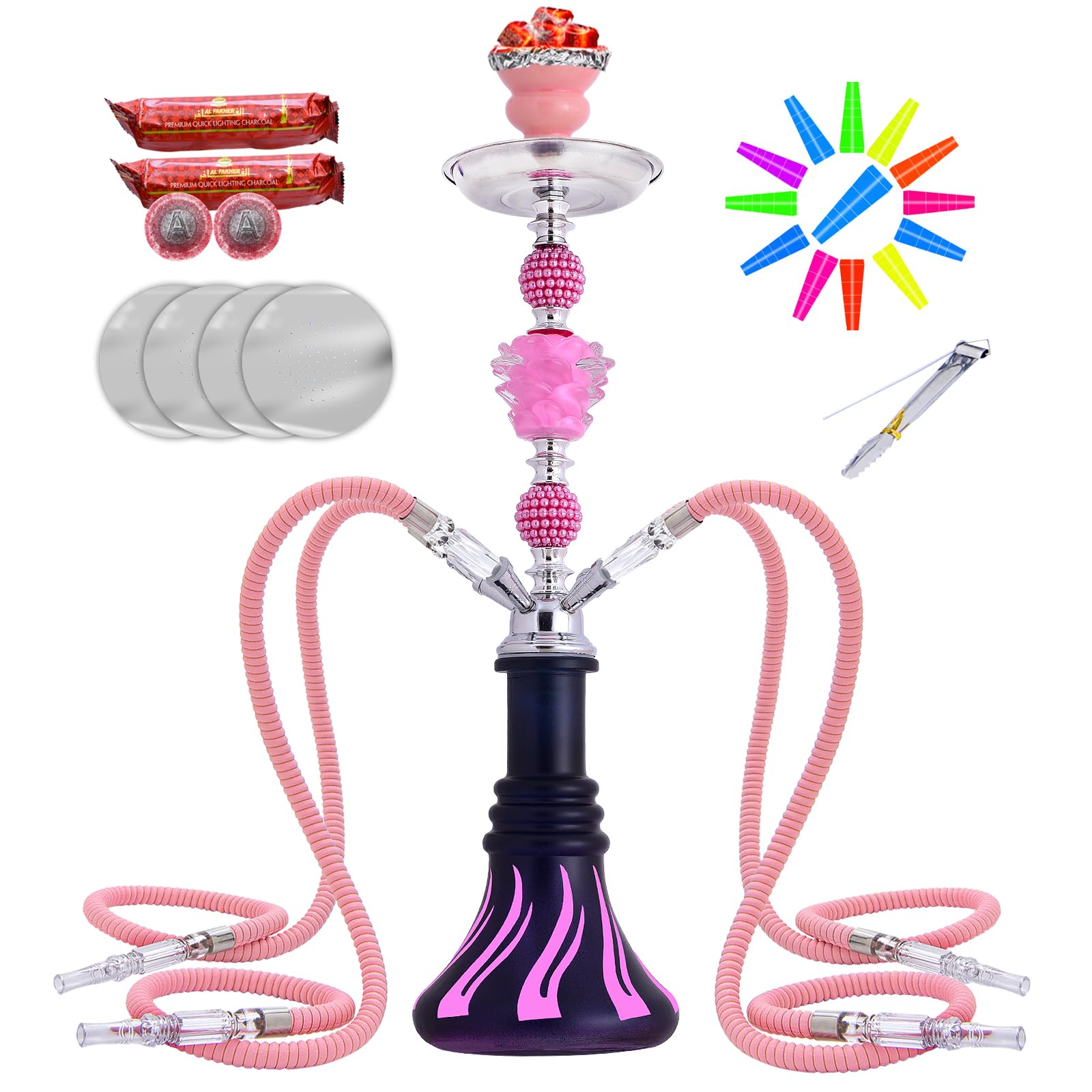 21 Hookah Set with Everything Premium Hookah Shisha set- Glass Vase 4 Hookah Hose Ceramic Bowl 50 Hookah