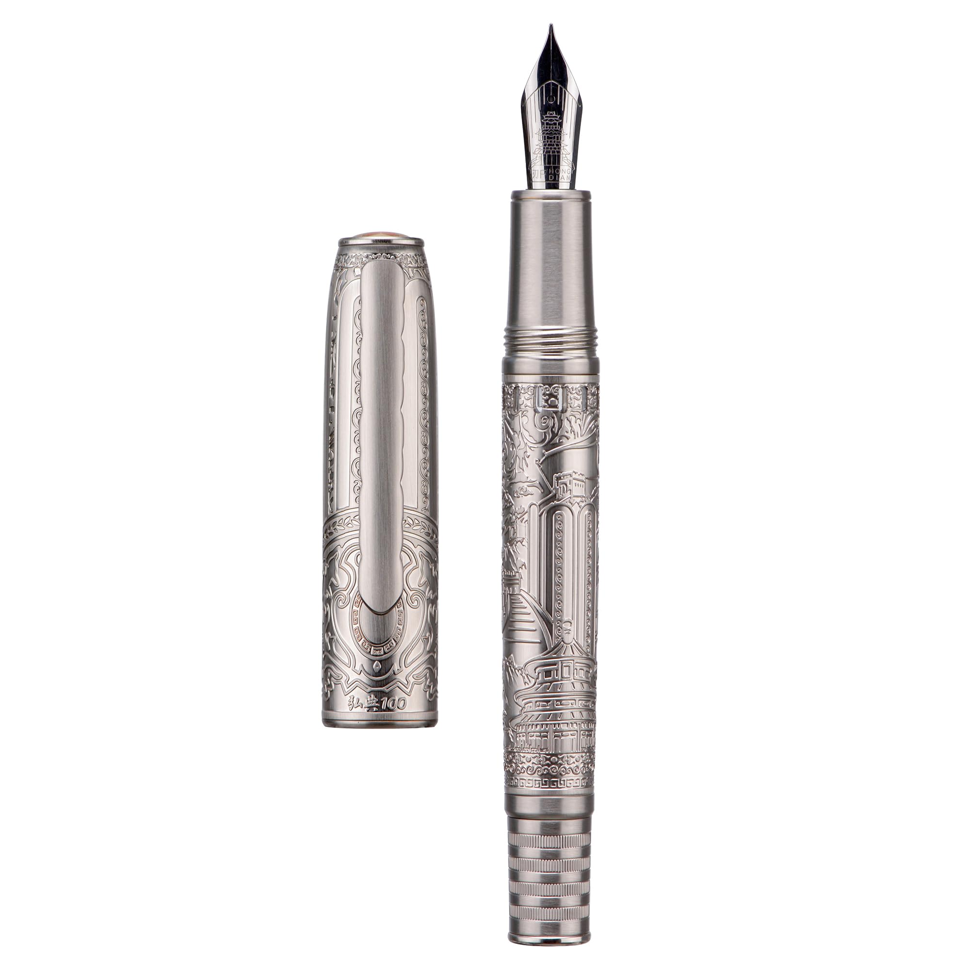 Hongdian 100 Silver Steel Piston Fountain Pen, Iridium Long Blade Fine Nib Calligraphy, Smooth Writing Pens, Nice Writing Pen for Men & Women