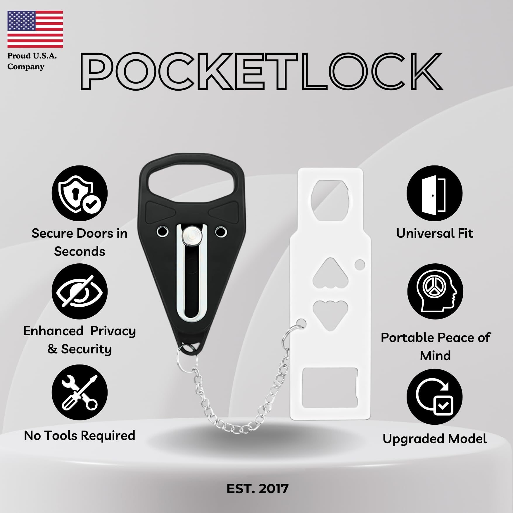 Przenośny zamek do drzwi + zestaw alarmowy do drzwi – podróżny zestaw bezpieczeństwa do pokoi hotelowych, domu, akademików i mieszkań - PocketLock (czarny, zamek + alarm)
