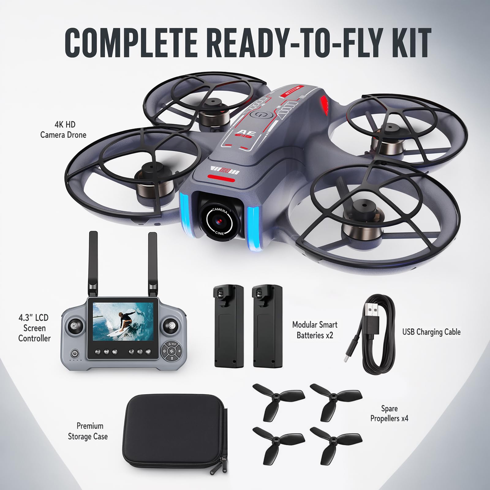 Drone con fotocamera, telecomando con schermo da 4,5 pollici, prevenzione intelligente degli ostacoli, fotocamera regolabile a 90 gradi, scheda SD inclusa, 2 batterie, adatto per adulti e principianti