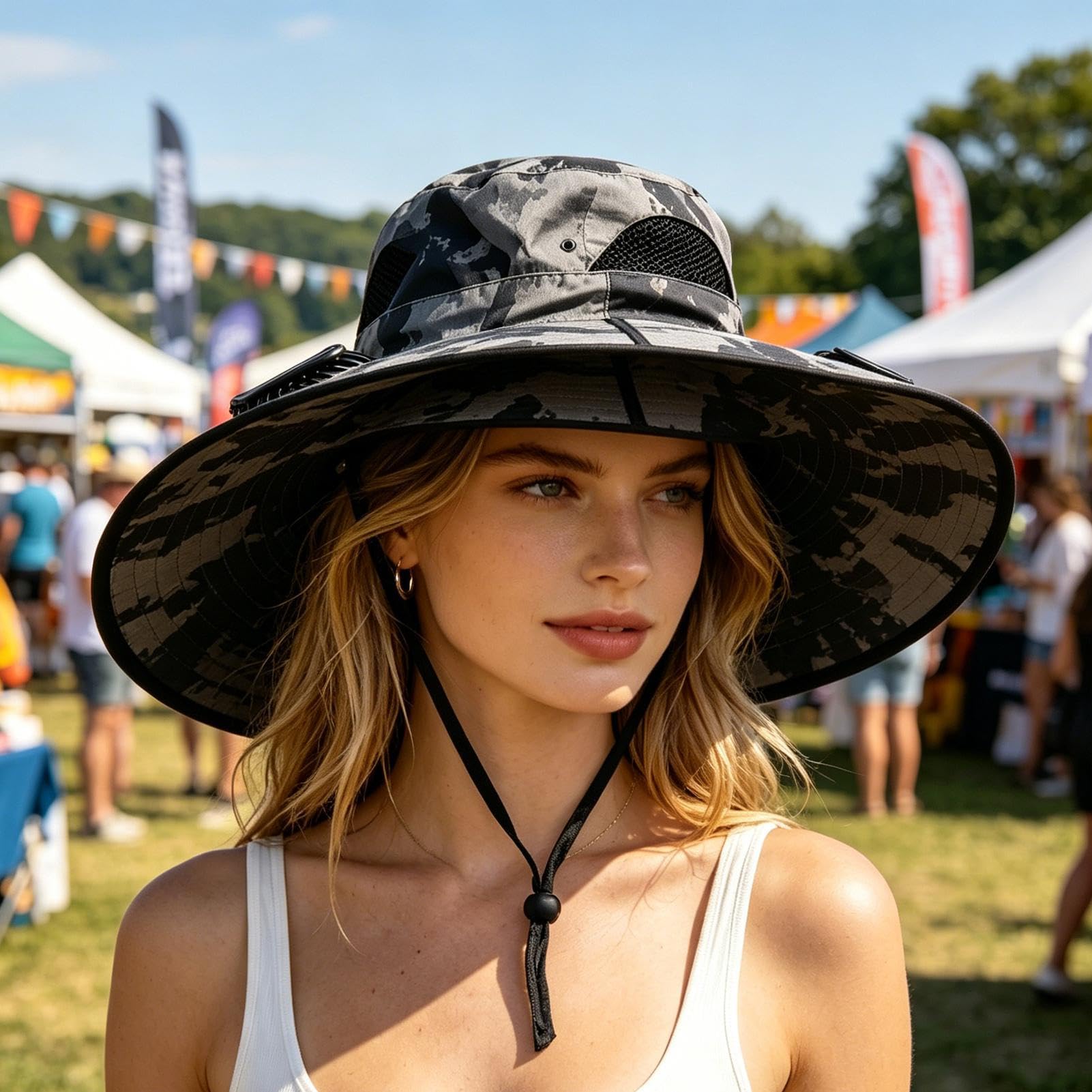 Sonnenhut mit Ventilatoren, 3 Geschwindigkeiten, schweißabsorbierende Kopfbedeckung, breite drahtverstärkte Krempe, Solar-Sonnenhut, für Outdoor, Strand, Sommer, Camping, Angeln, Wandern, Golf