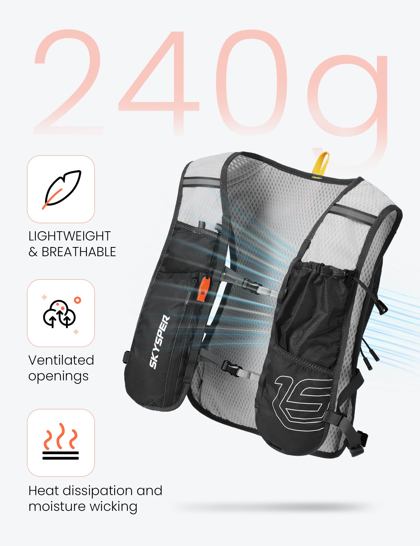 SKYSPER Gilet Trail Running 12L avec Gourde 500ml Sac Hydratation Veste Course Réfléchissante Respirante Poche Téléphone Homme Femme Marathon Jogging