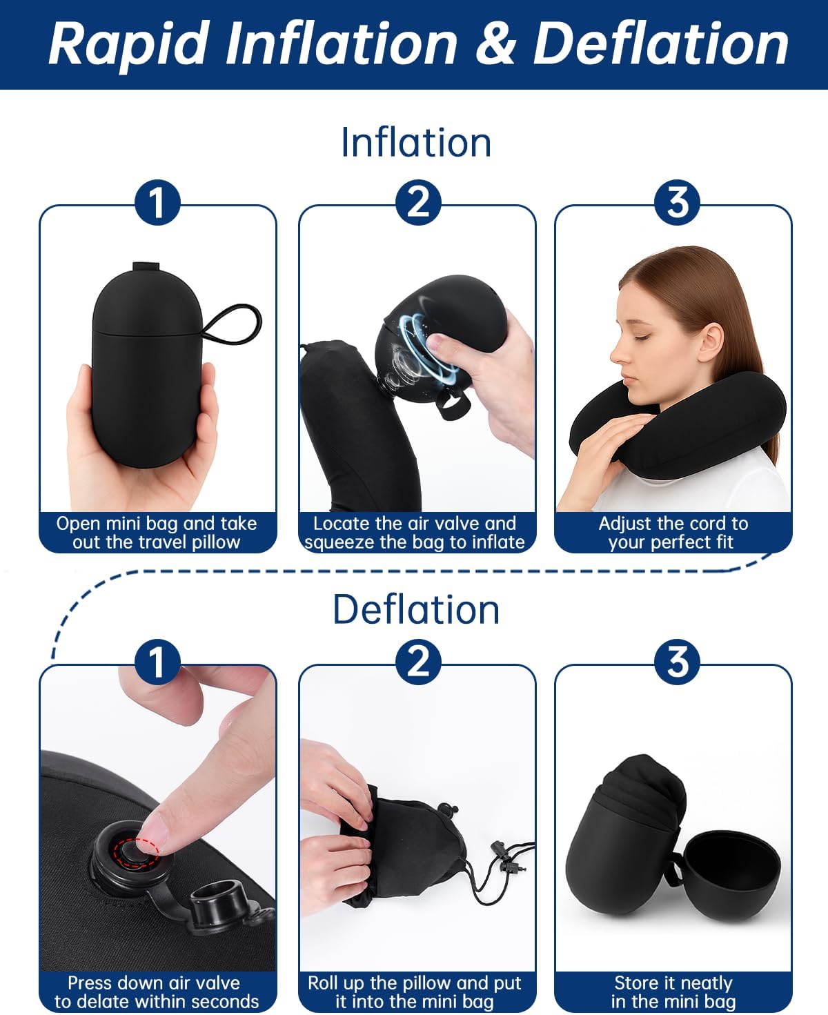 Neck Pillow for Traveling, 2-in-1 Air-Pump & Storage Bag, Inflatable Compact 360°Head Support Airplane Pillow for Travel,Train, Car - Black - Image 4