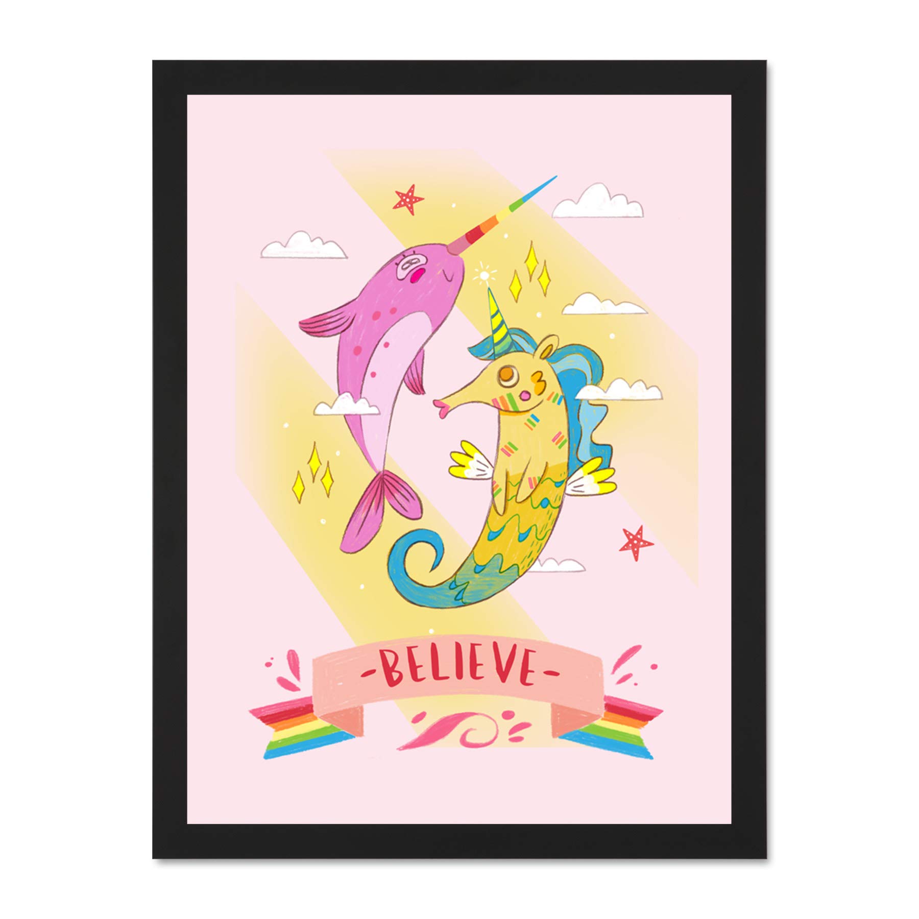 Wee Blue Coo Unicorn Seahorse Narwhal Believe Large Framed Art Print Wall Poster 18x24 inch