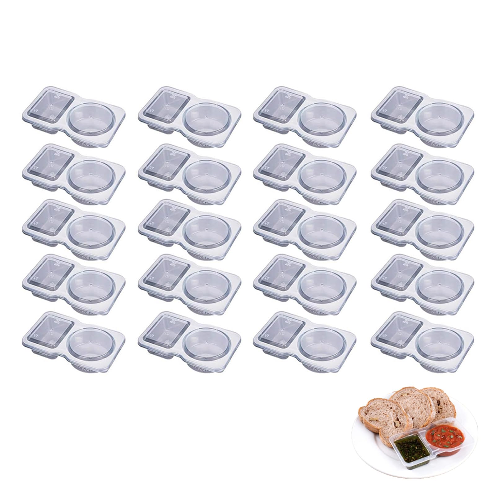 Reusable Snack Container, Double Compartment Condiment Container, Portable Reusable Two Compartment Snack Container for Condiment, Dip, Sauce, Sampling and Travel Snacks (20Pcs)